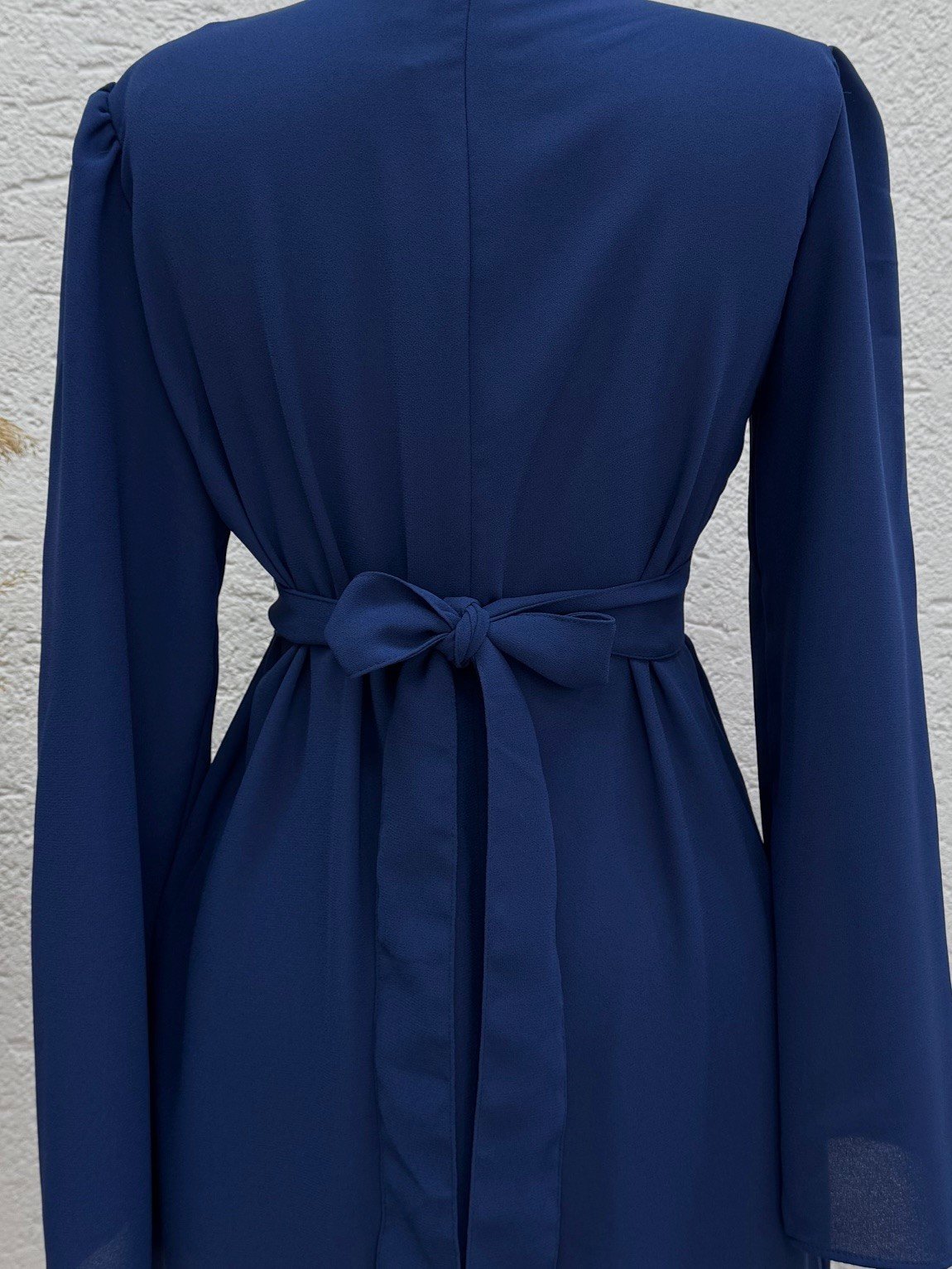 Ebru Bağcıklı Krep Elbise-PA9598 Lacivert
