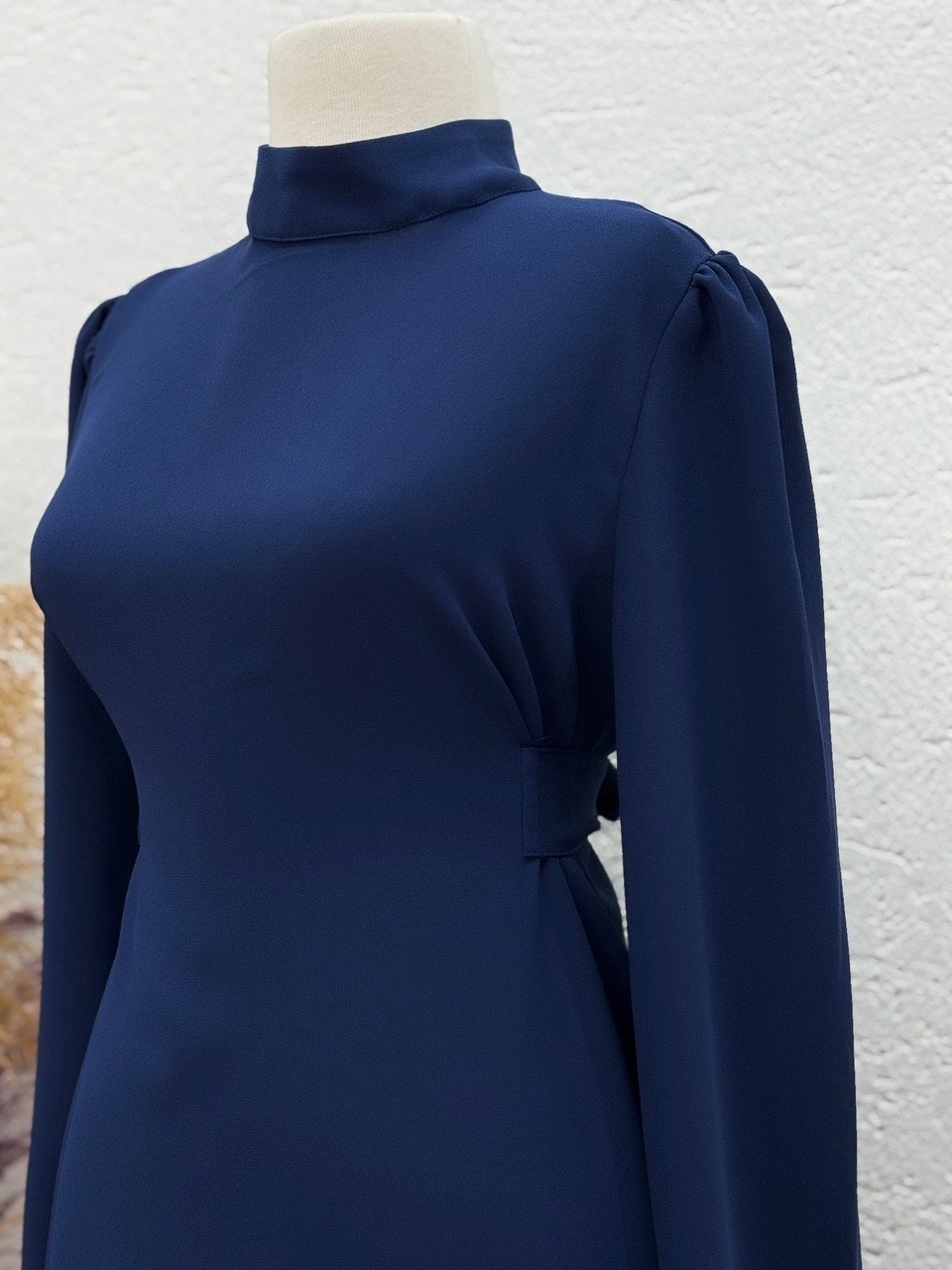 Ebru Bağcıklı Krep Elbise-PA9598 Lacivert