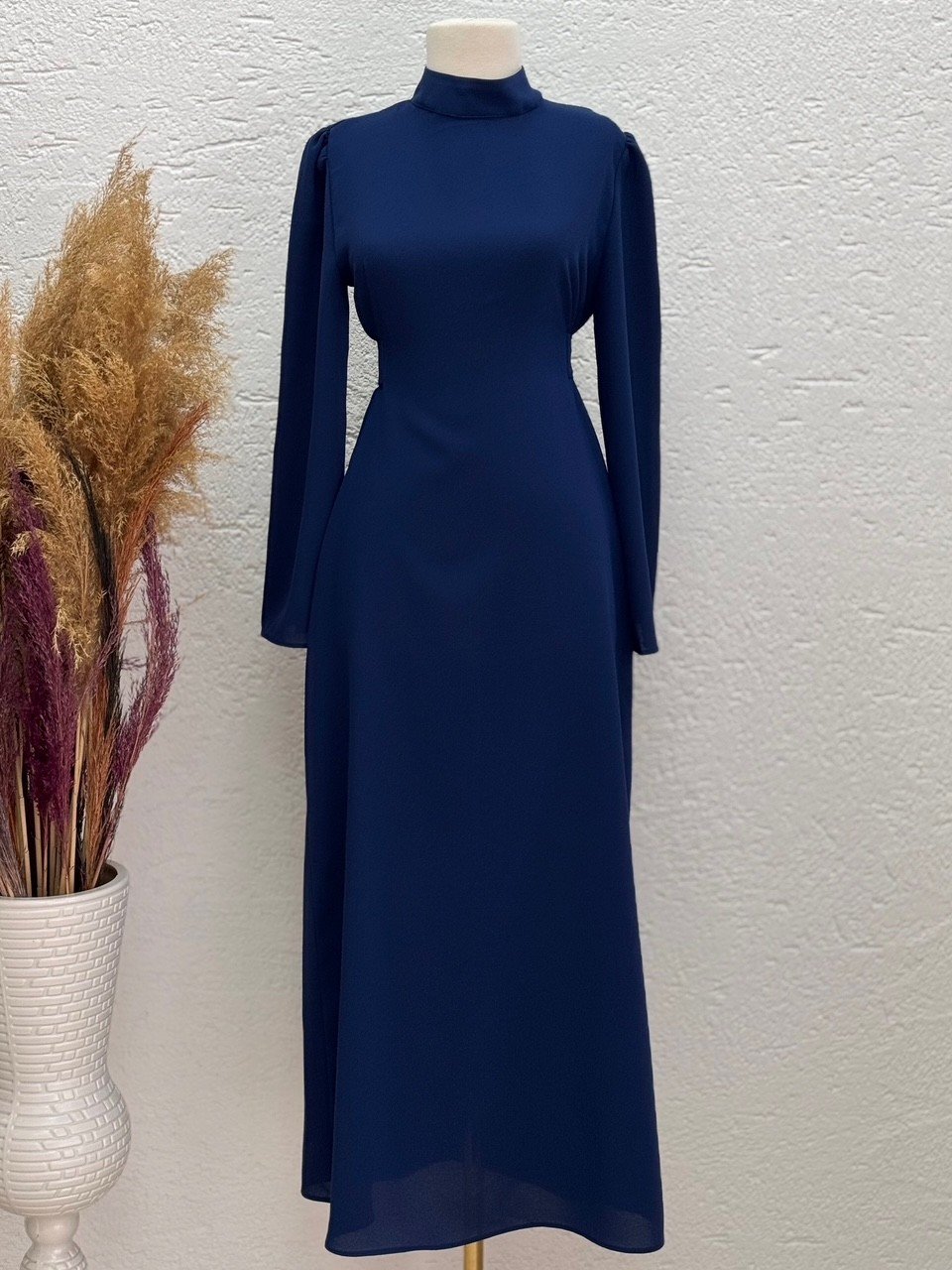 Ebru Bağcıklı Krep Elbise-PA9598 Lacivert