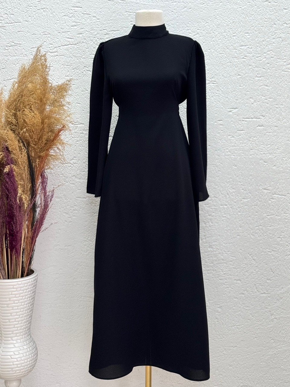 Ebru Bağcıklı Krep Elbise-PA9598 Siyah