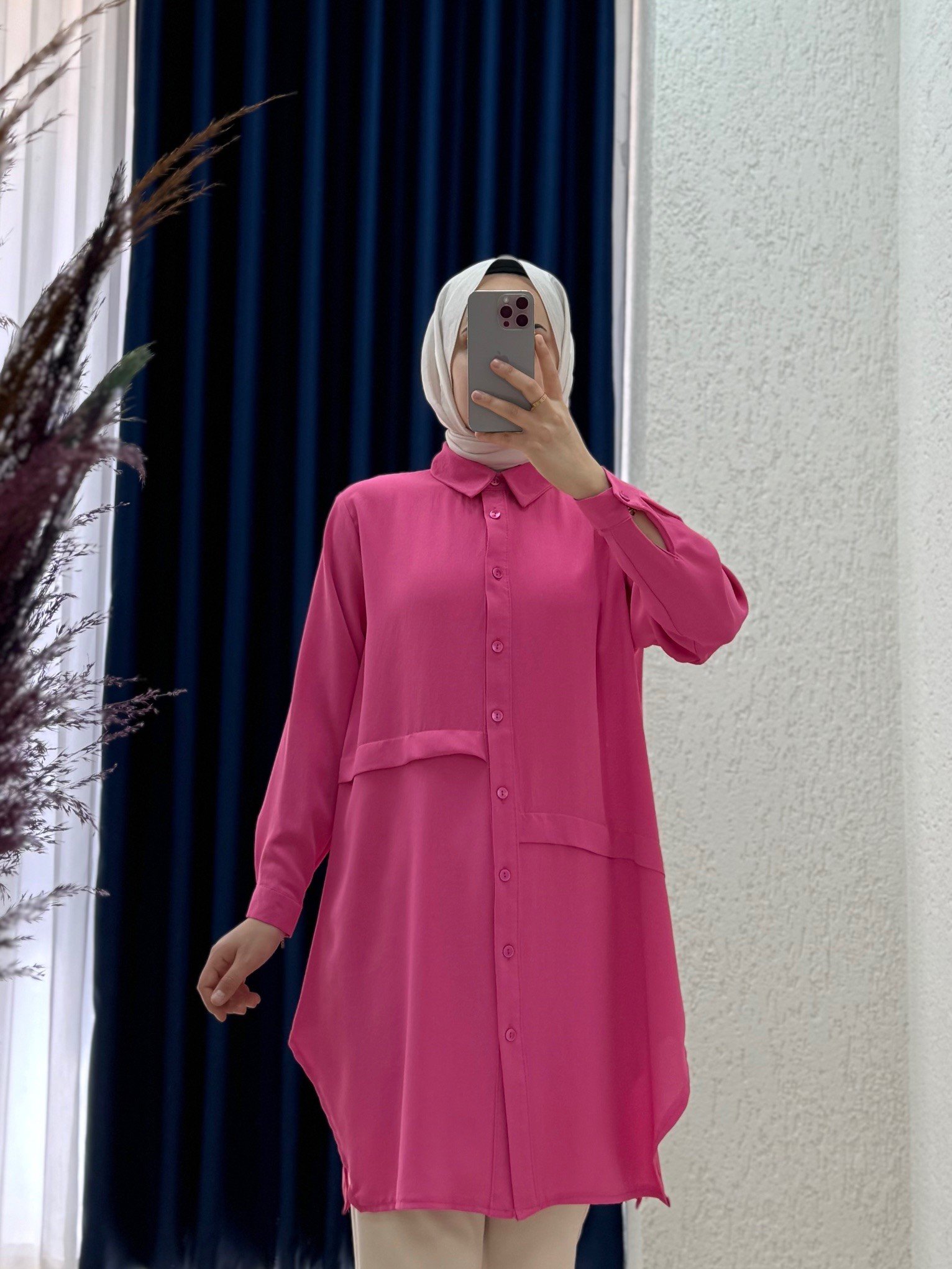 Eda Önleri Pileli Linda Tunik-EL1173 Fuşya