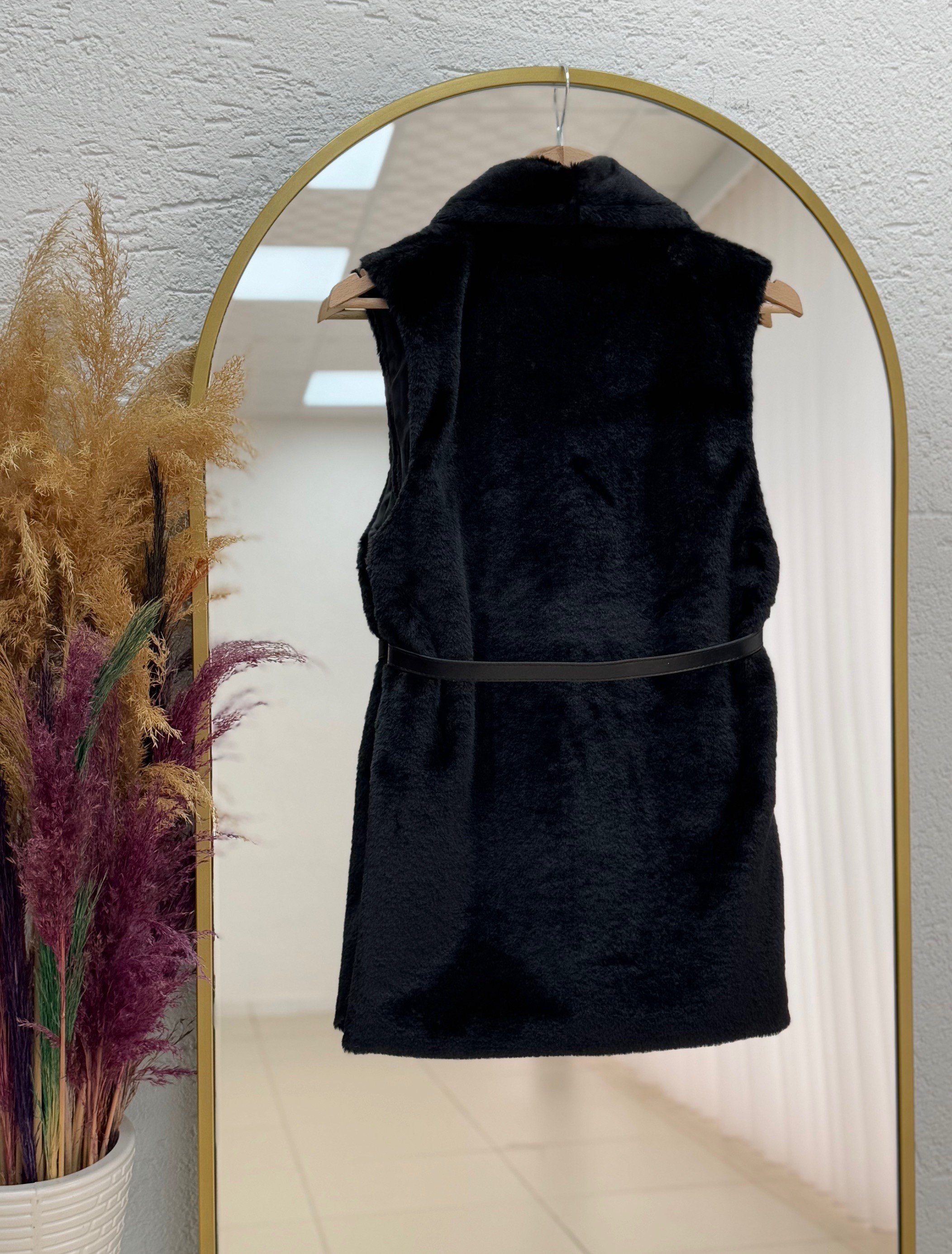 Elham Kemerli Peluş Yelek-BN8468 Siyah