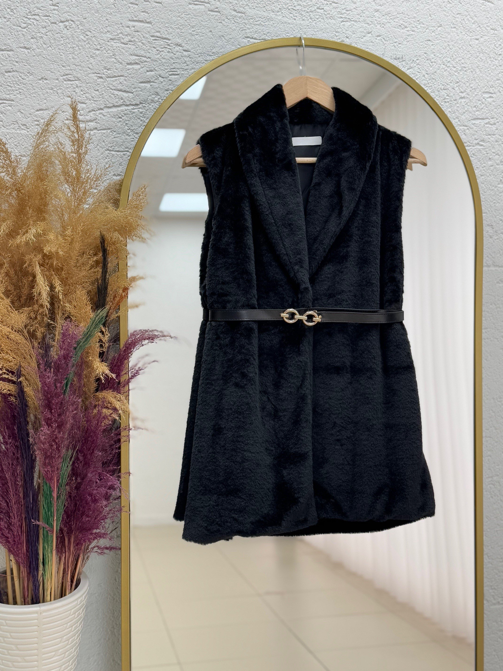 Elham Kemerli Peluş Yelek-BN8468 Siyah