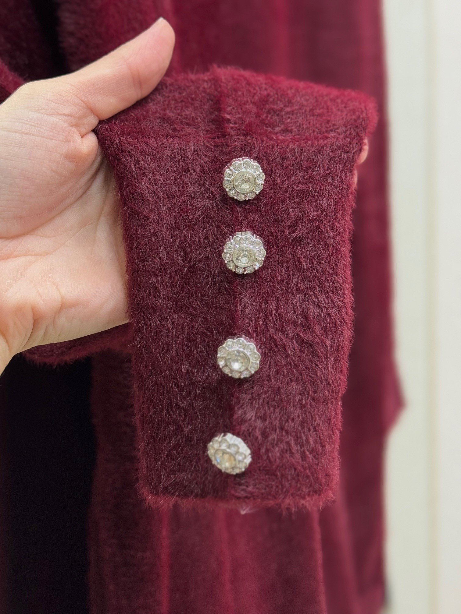 Ferola Kol Ucu Papata Düğmeli Peluş Tunik-Zİ5243 Bordo