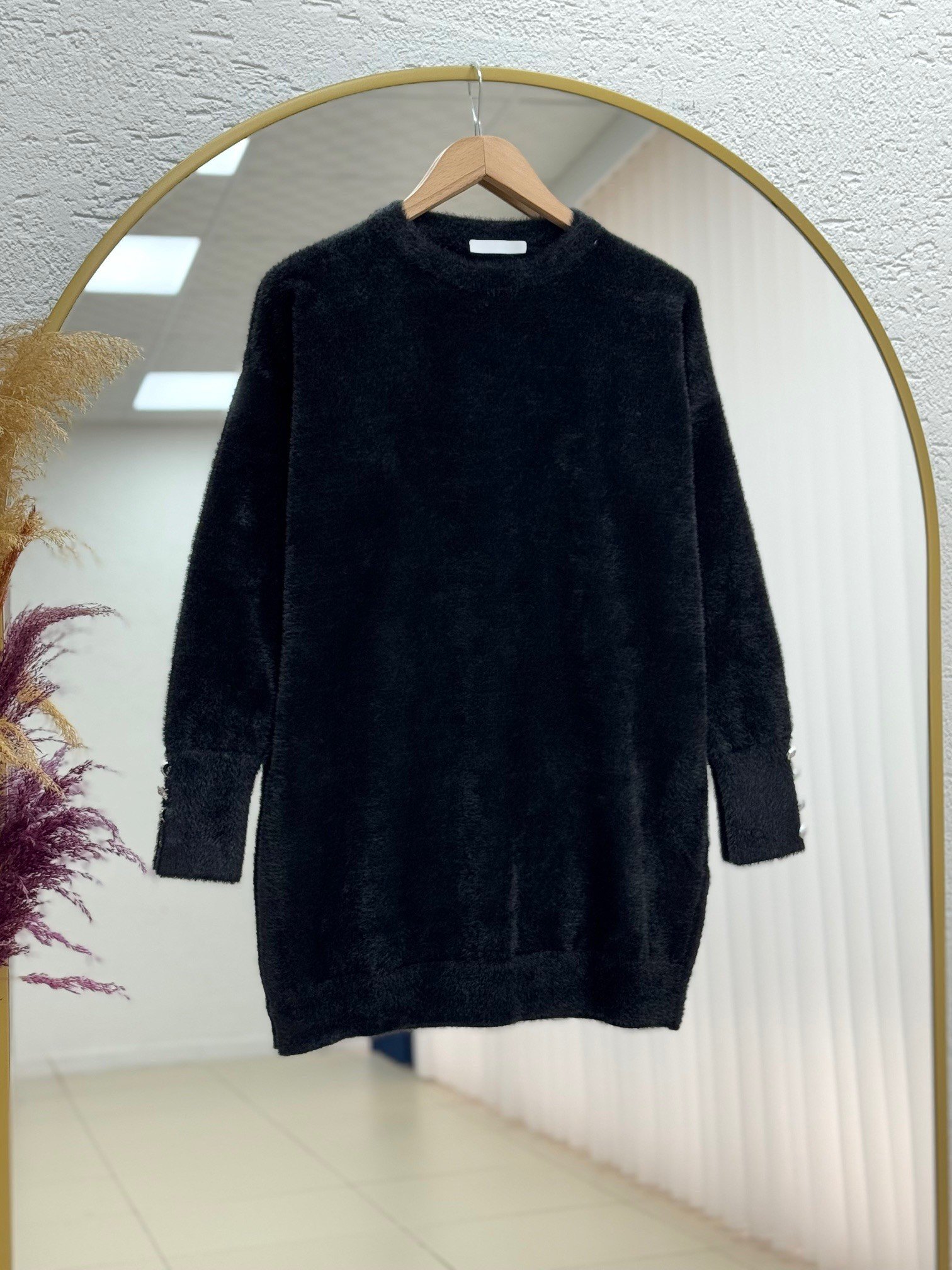 Ferola Kol Ucu Papata Düğmeli Peluş Tunik-Zİ5243 Siyah