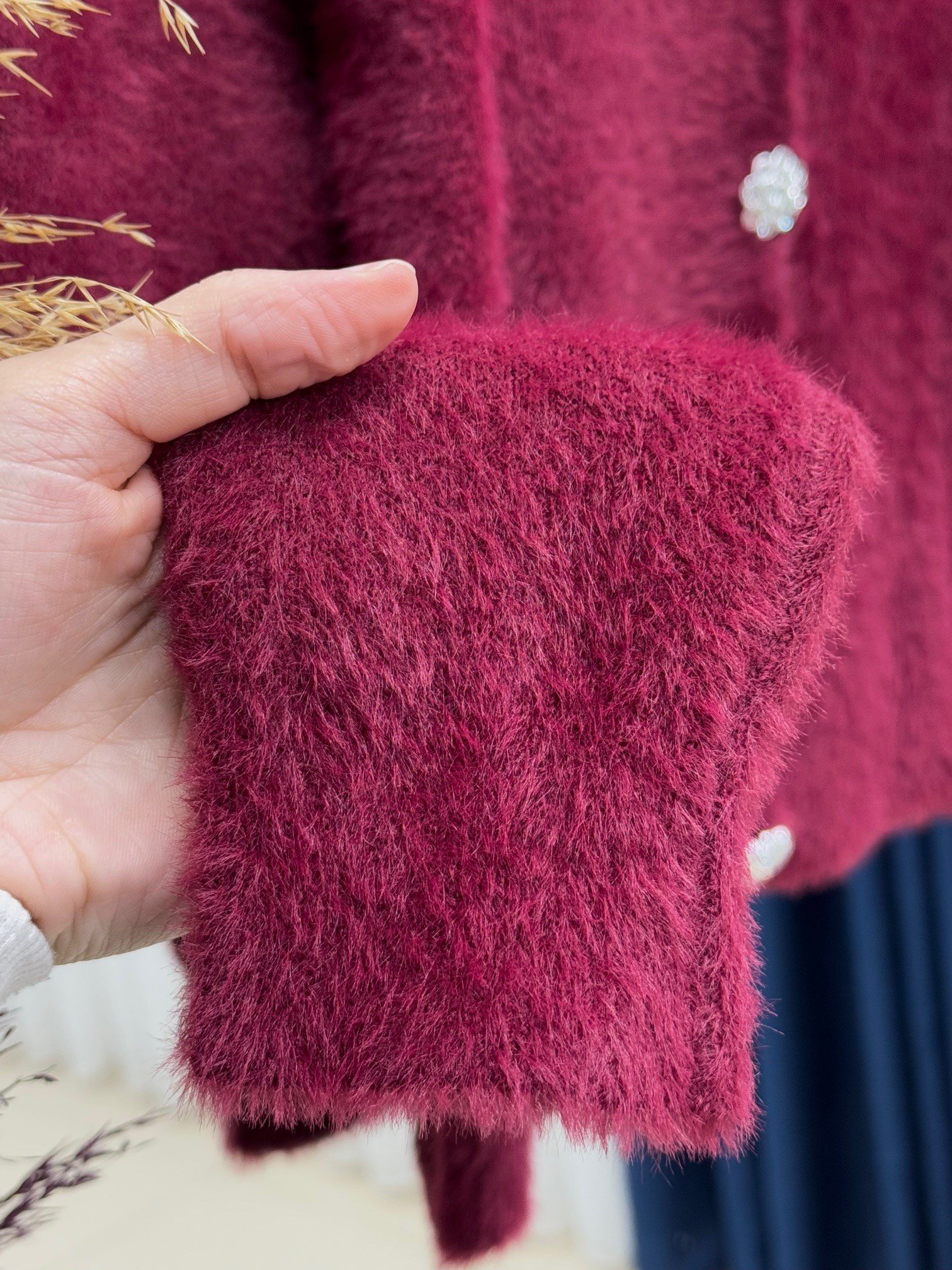 Feruna Papatya Düğmeli Tüylü Peluş Mini Hırka-Zİ5559 Bordo
