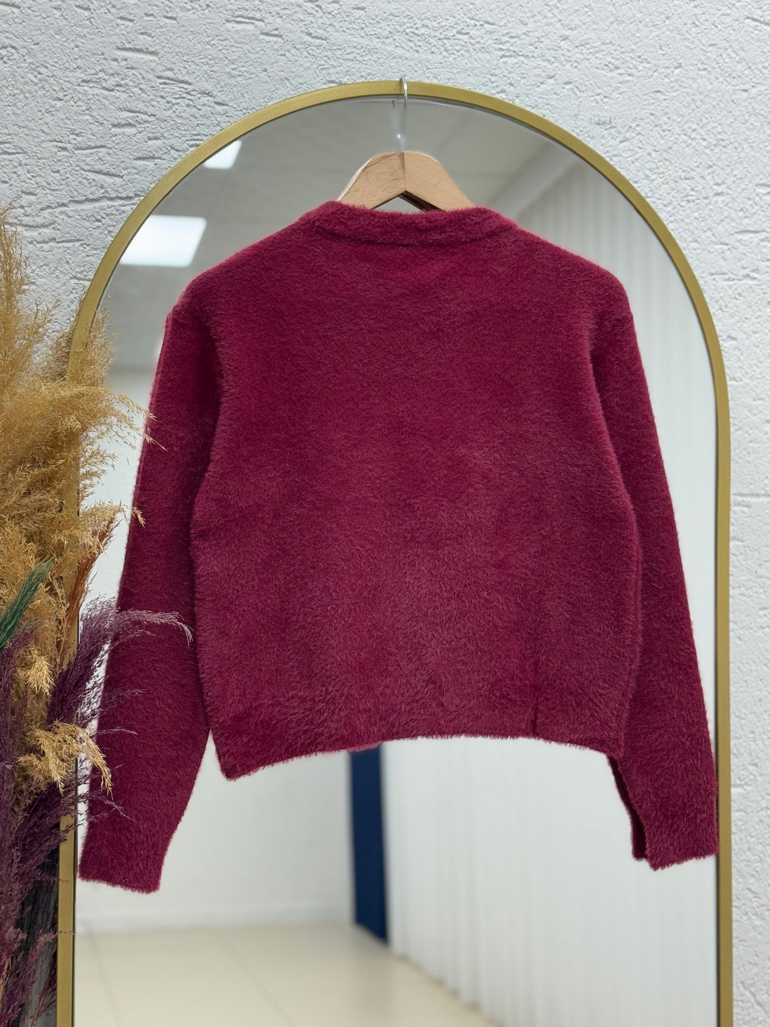 Feruna Papatya Düğmeli Tüylü Peluş Mini Hırka-Zİ5559 Bordo