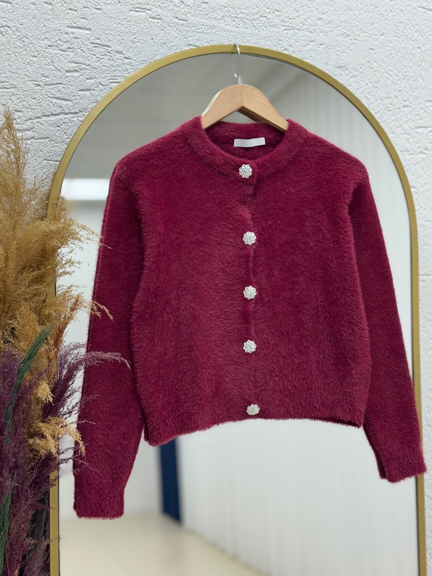 Feruna Papatya Düğmeli Tüylü Peluş Mini Hırka-Zİ5559 Bordo