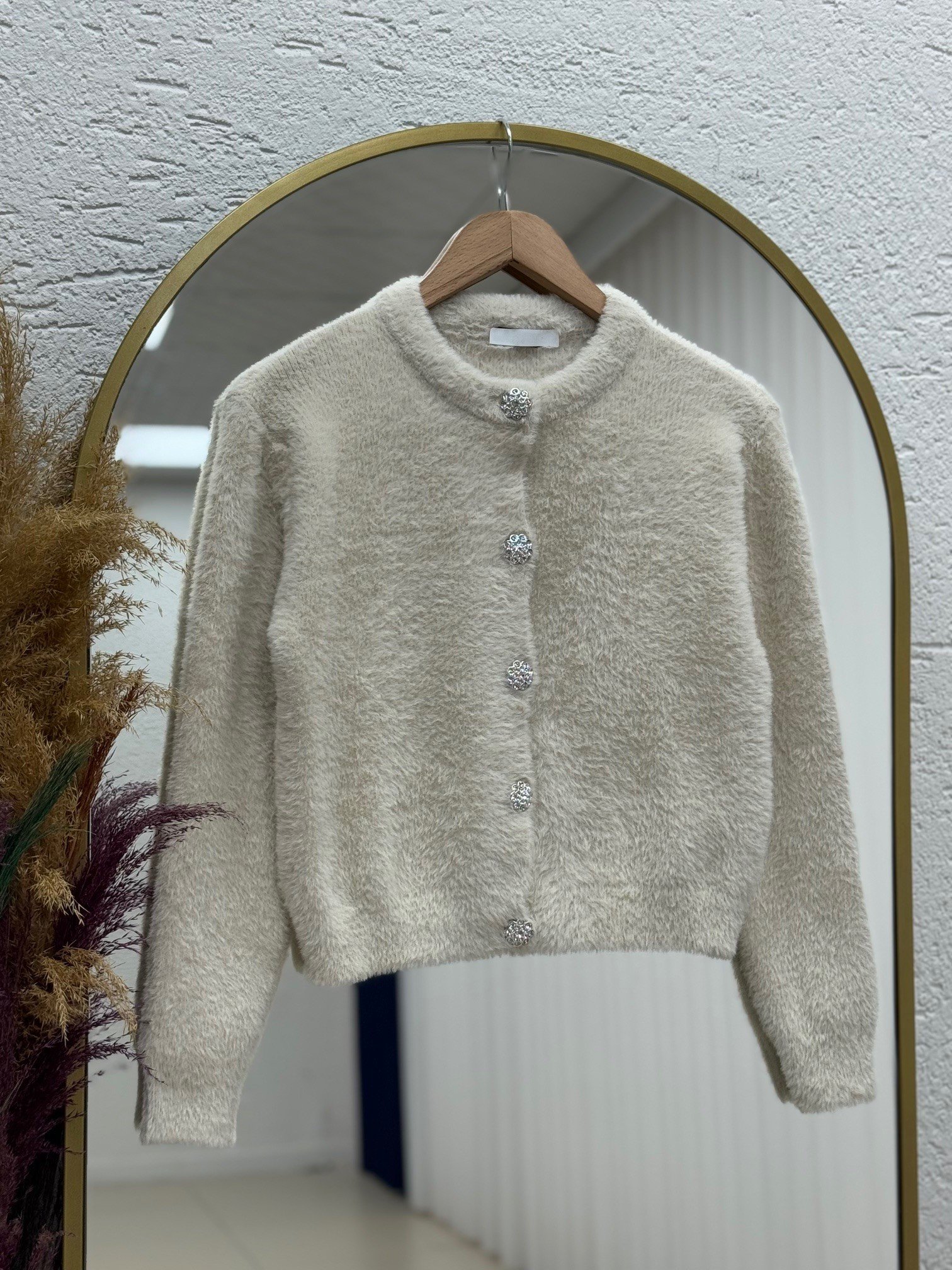 Feruna Papatya Düğmeli Tüylü Peluş Mini Hırka-Zİ5559 Taş