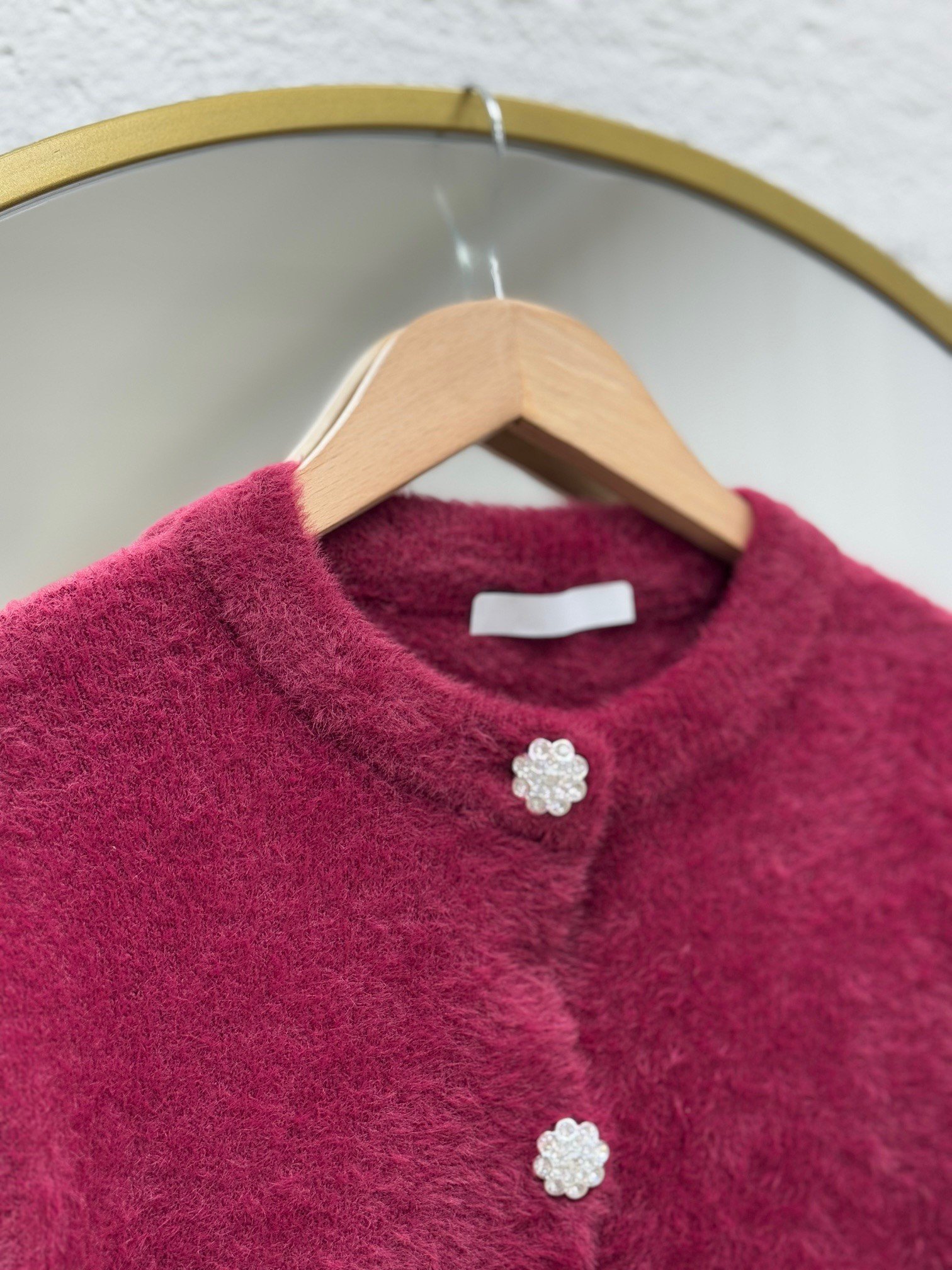 Feruna Papatya Düğmeli Tüylü Peluş Mini Hırka-Zİ5559 Bordo