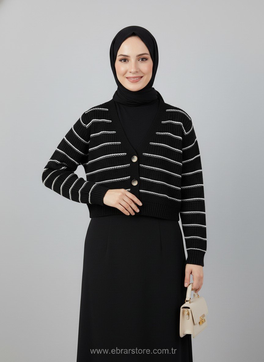 Gavisa Çizgili Üç Düğmeli Mini Hırka-Zİ6147 Siyah