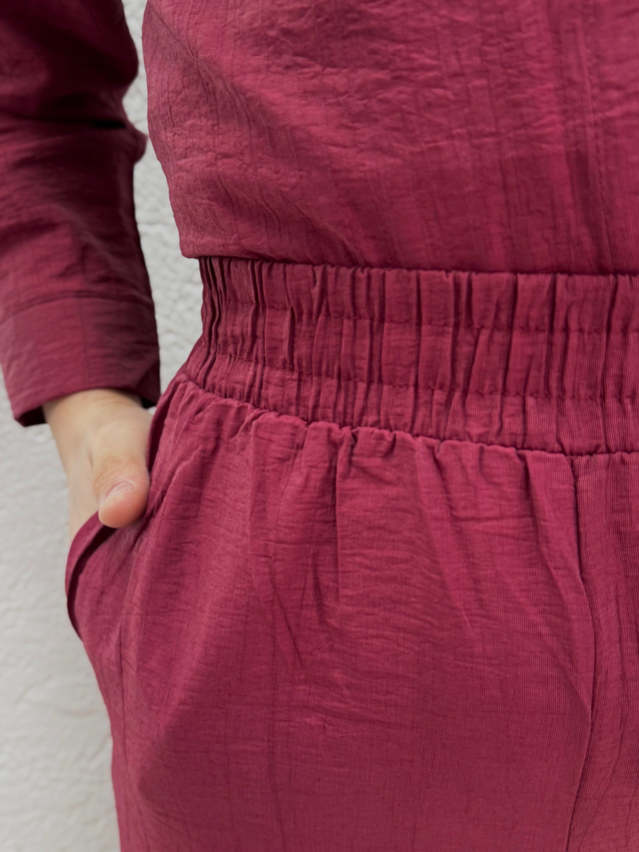 İdil Çilek Kumaş Mini Düğmeli Pantolonlu Takım-Zİ2186 Bordo