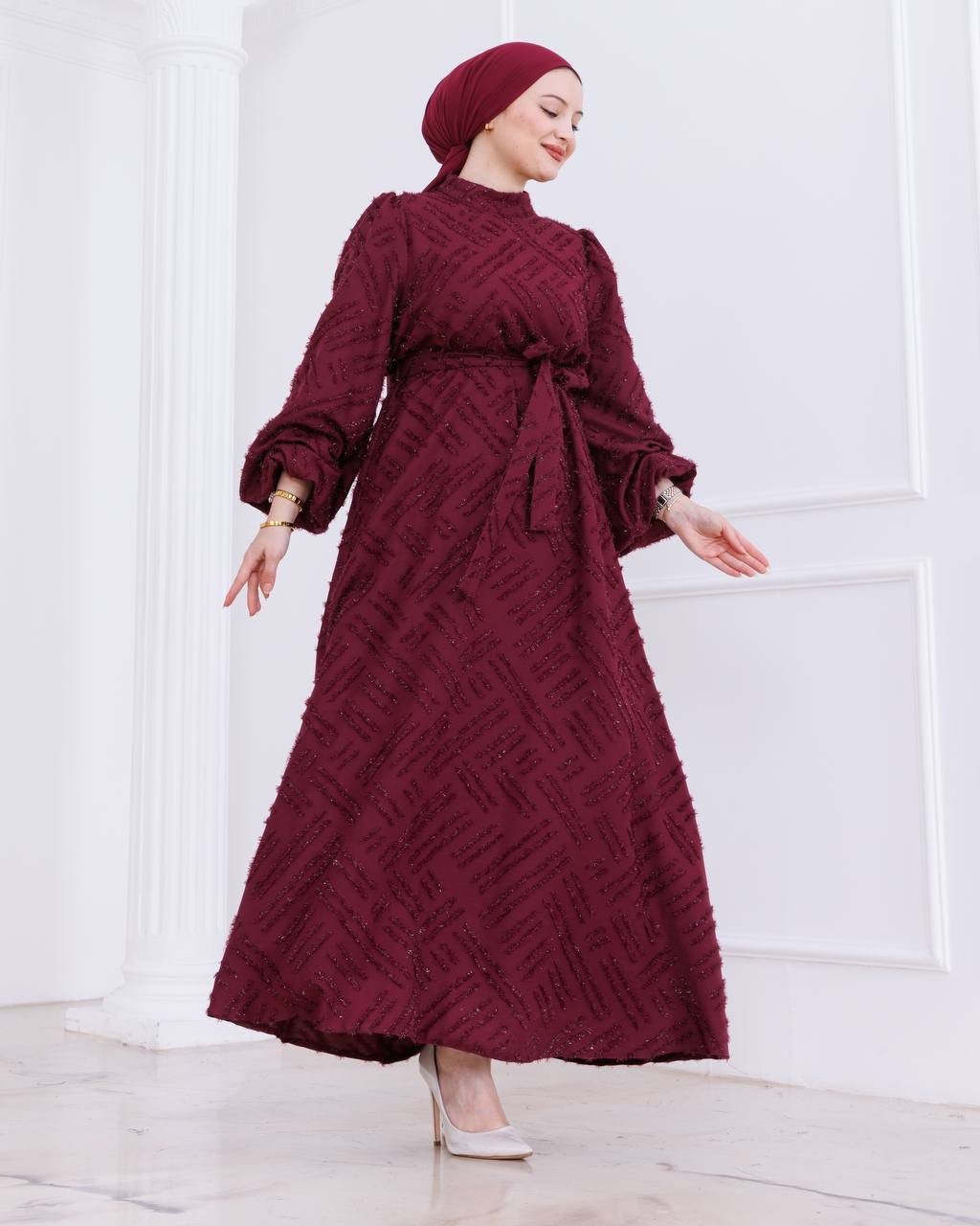 İmran İşlemeli Ve Simli Kuşaklı Elbise-PA9564 Bordo