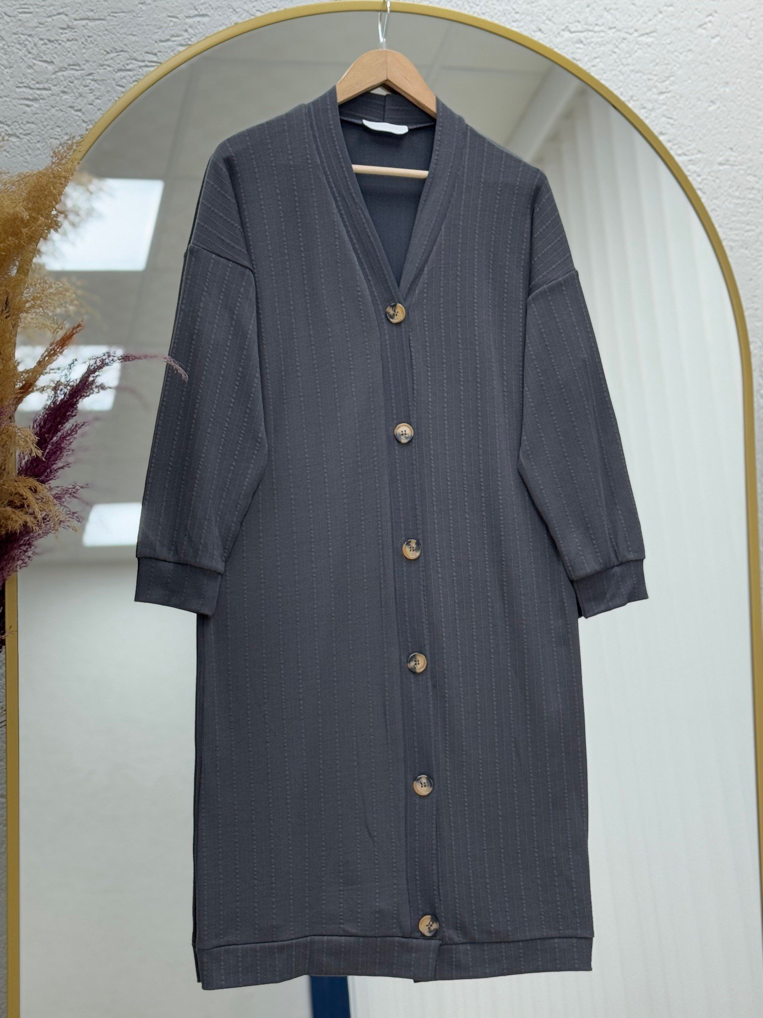 Karira Kolu Manşetli Düğmeli Uzun Örme Hırka-MF1819 Antrasit