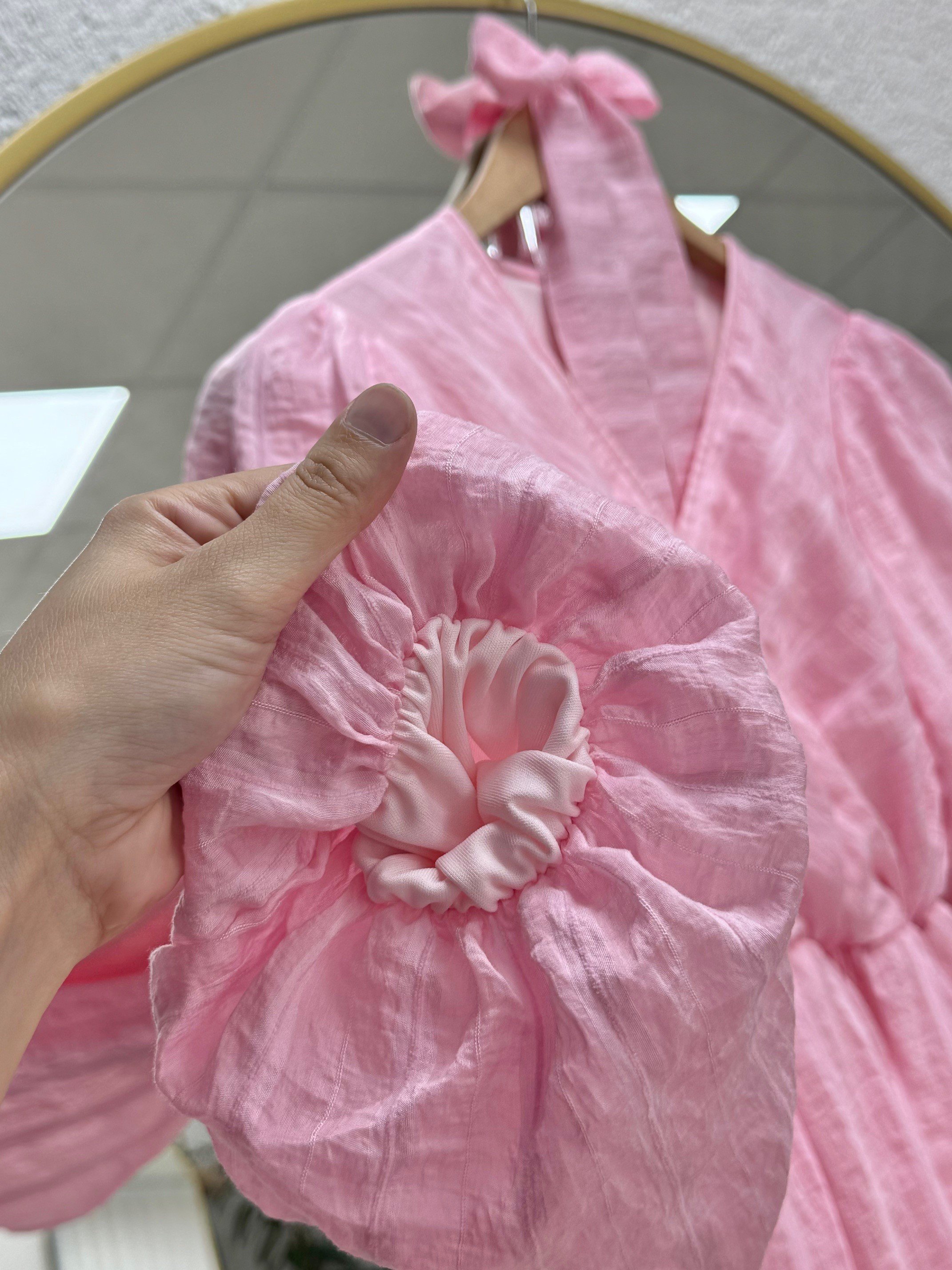 Karista Çapraz Biyeli Kuşaklı Tül Elbise-EK565.3 Pembe