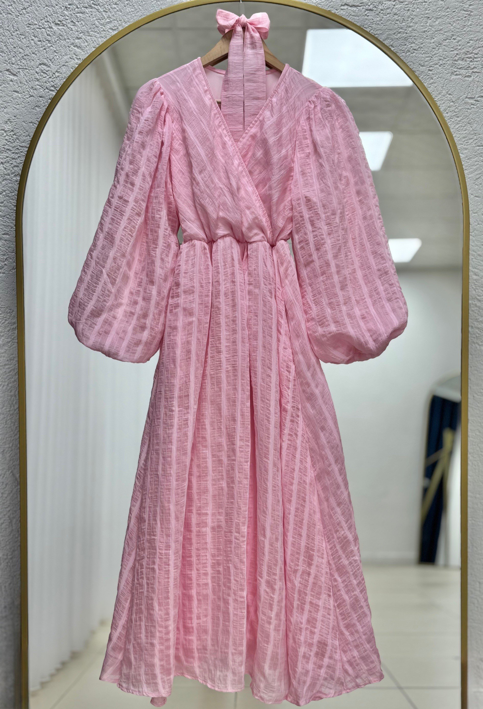 Karista Çapraz Biyeli Kuşaklı Tül Elbise-EK565.3 Pembe