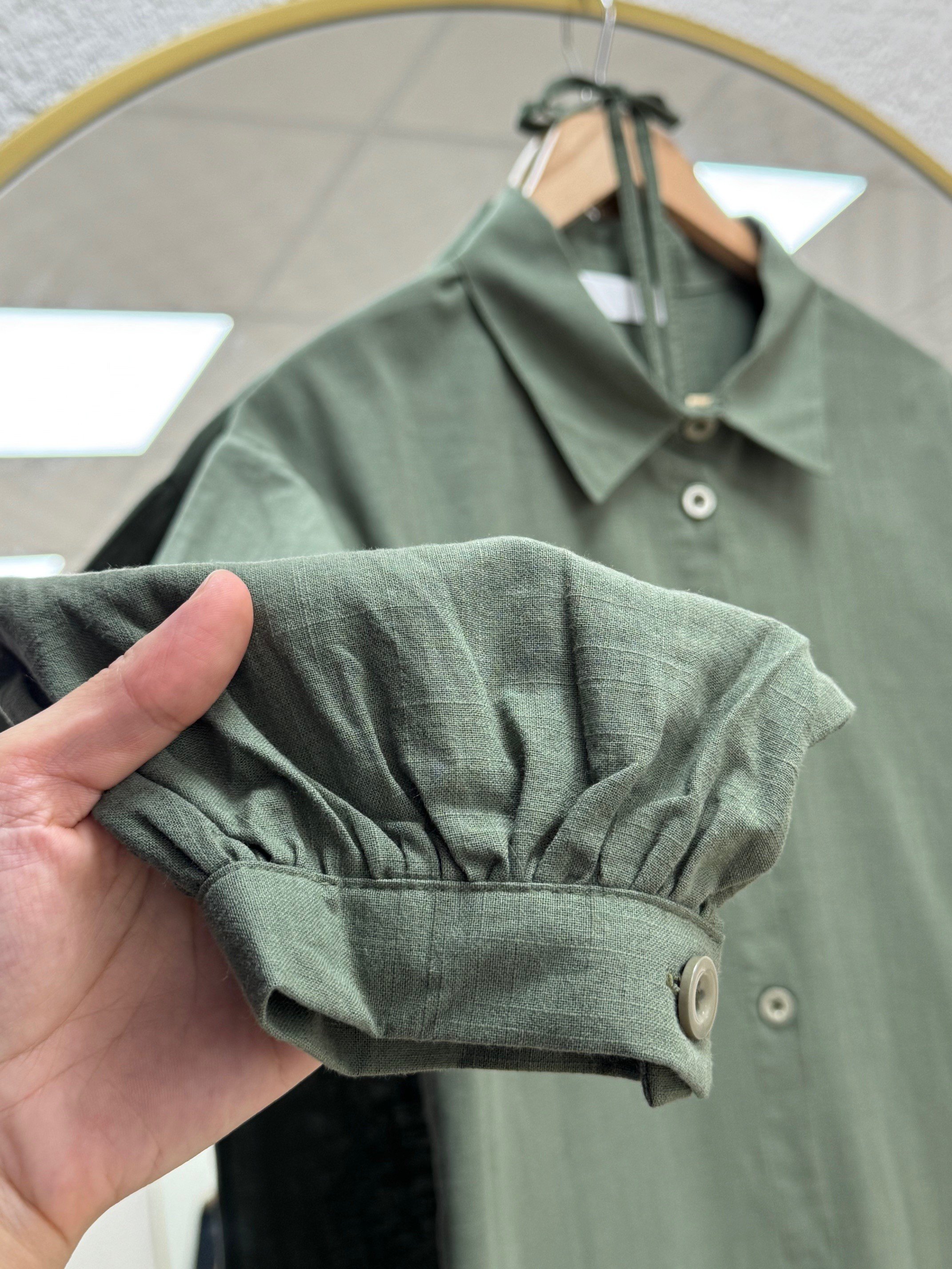 Karmora Bilek Büzgülü Yanları Yırtmaçlı Keten Tunik-EK141.12 Haki