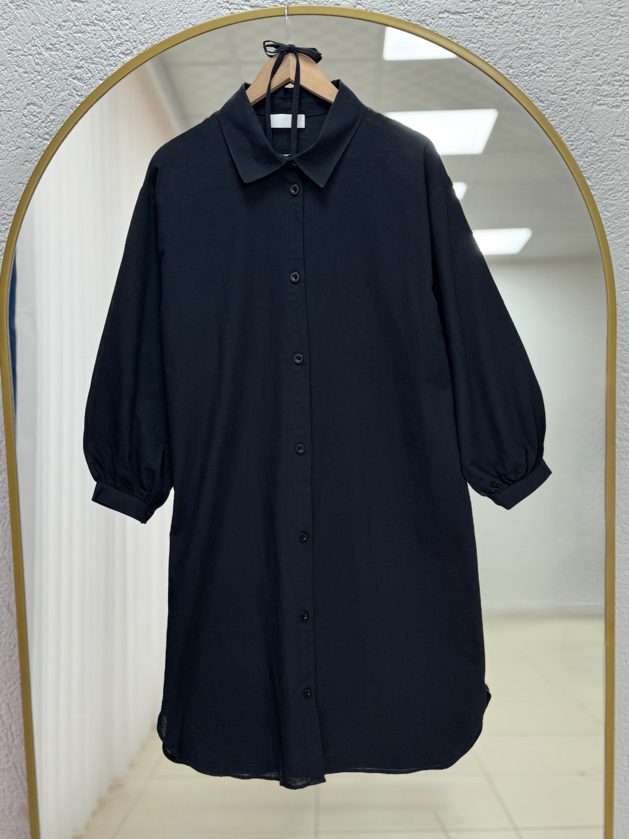 Karmora Bilek Büzgülü Yanları Yırtmaçlı Keten Tunik-EK141.12 Siyah