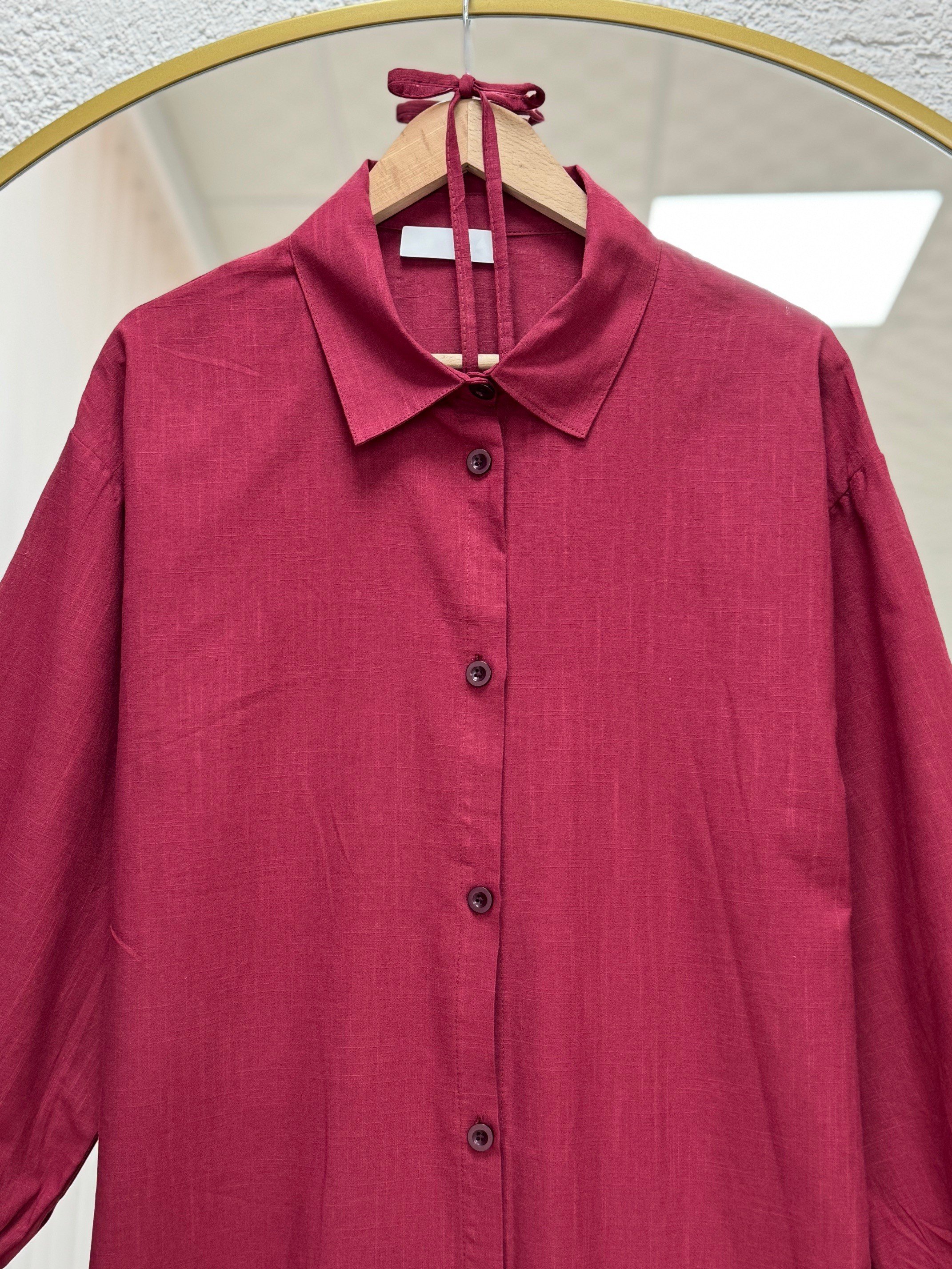 Karmora Bilek Büzgülü Yanları Yırtmaçlı Keten Tunik-EK141.12 Bordo