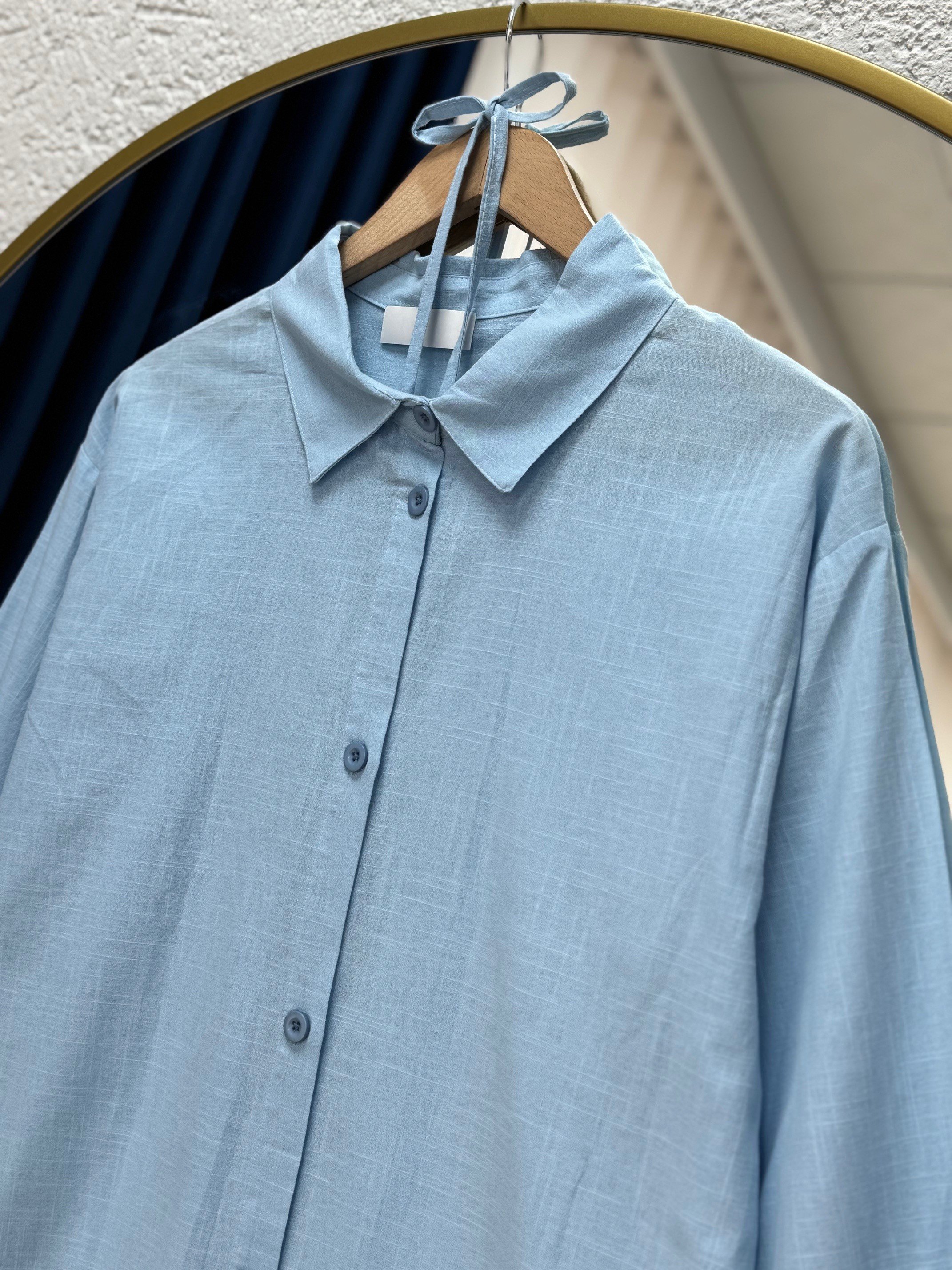 Karmora Bilek Büzgülü Yanları Yırtmaçlı Keten Tunik-EK141.12 Mavi