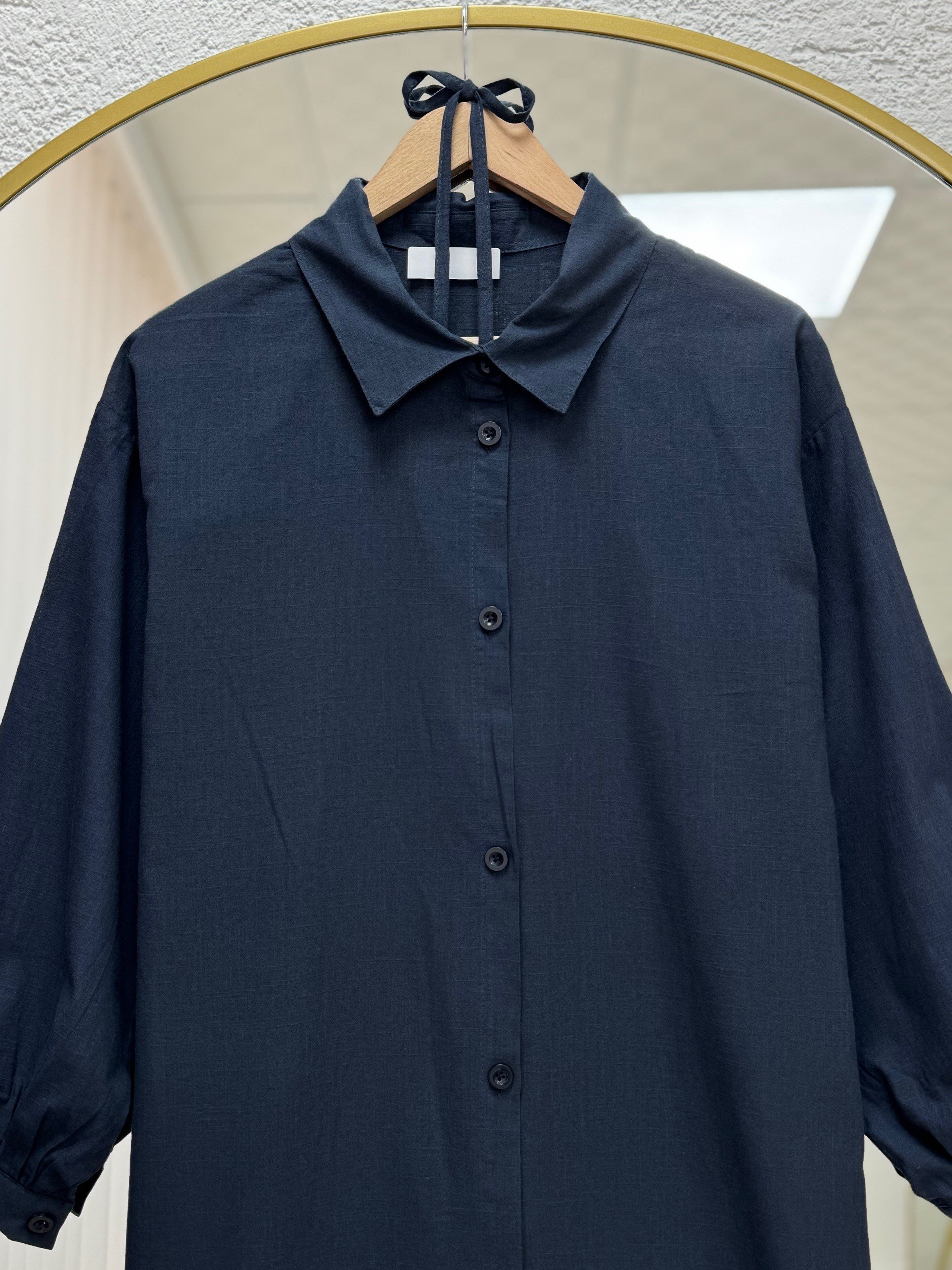 Karmora Bilek Büzgülü Yanları Yırtmaçlı Keten Tunik-EK141.12 Lacivert