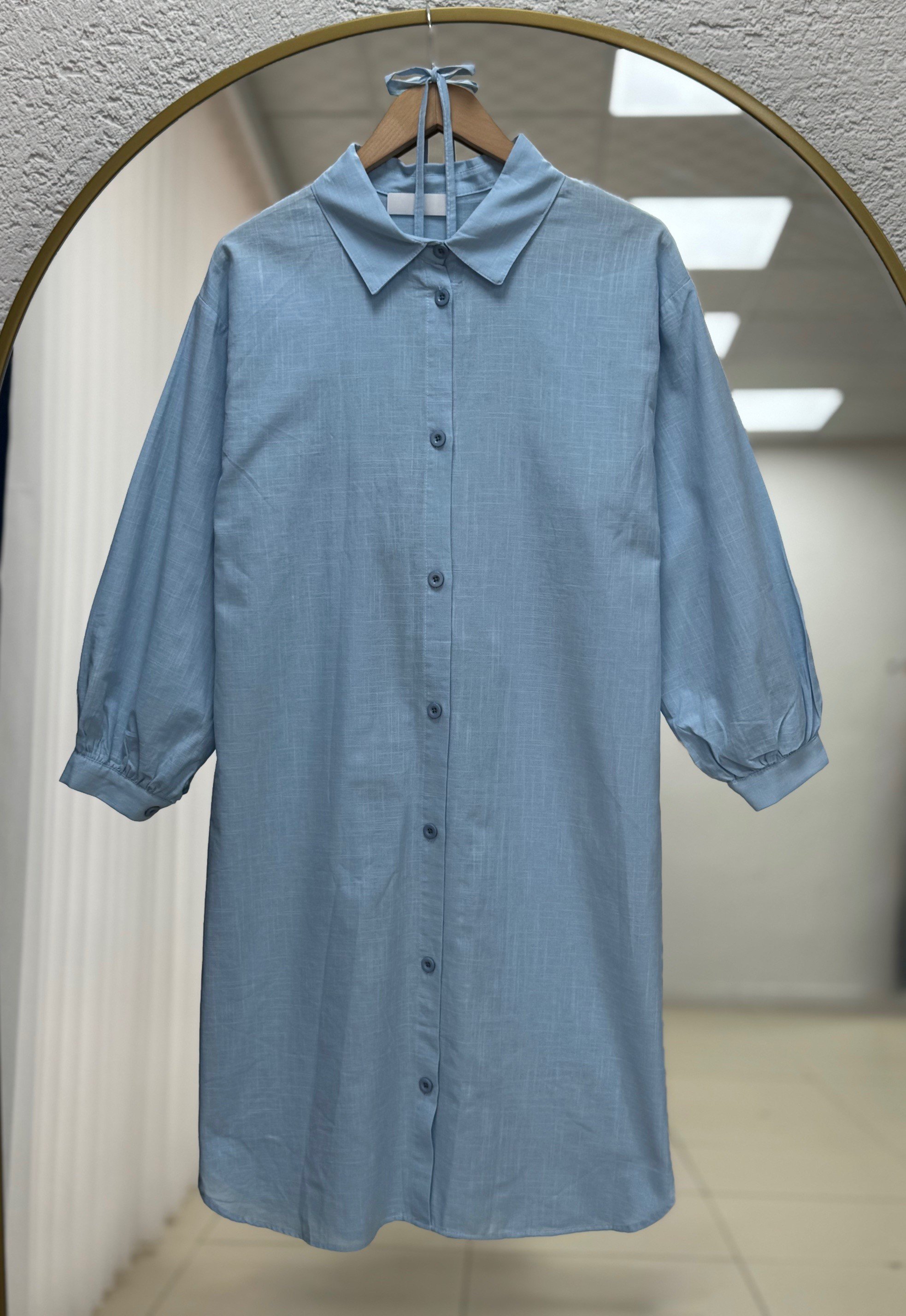 Karmora Bilek Büzgülü Yanları Yırtmaçlı Keten Tunik-EK141.12 Mavi