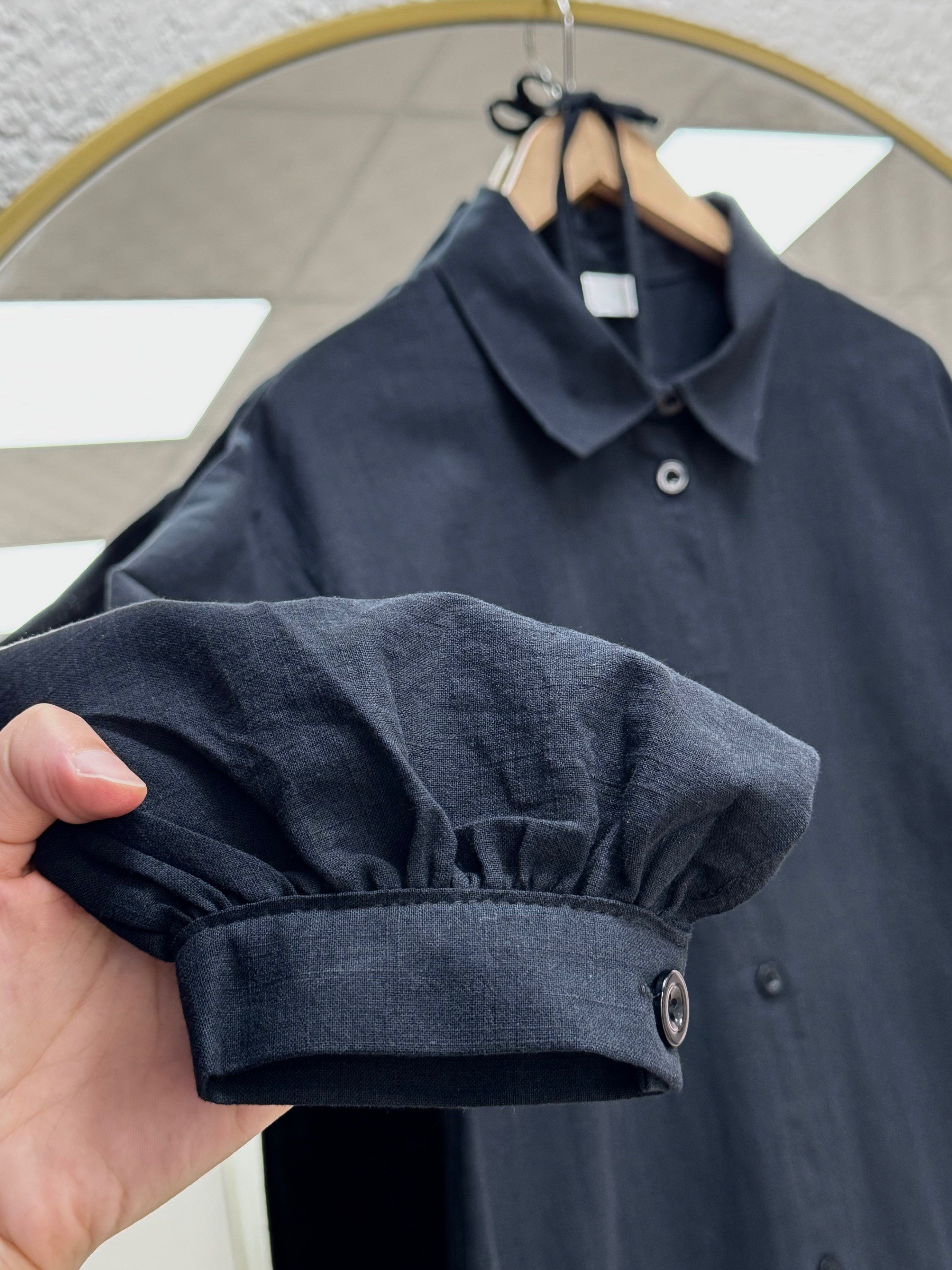 Karmora Bilek Büzgülü Yanları Yırtmaçlı Keten Tunik-EK141.12 Siyah