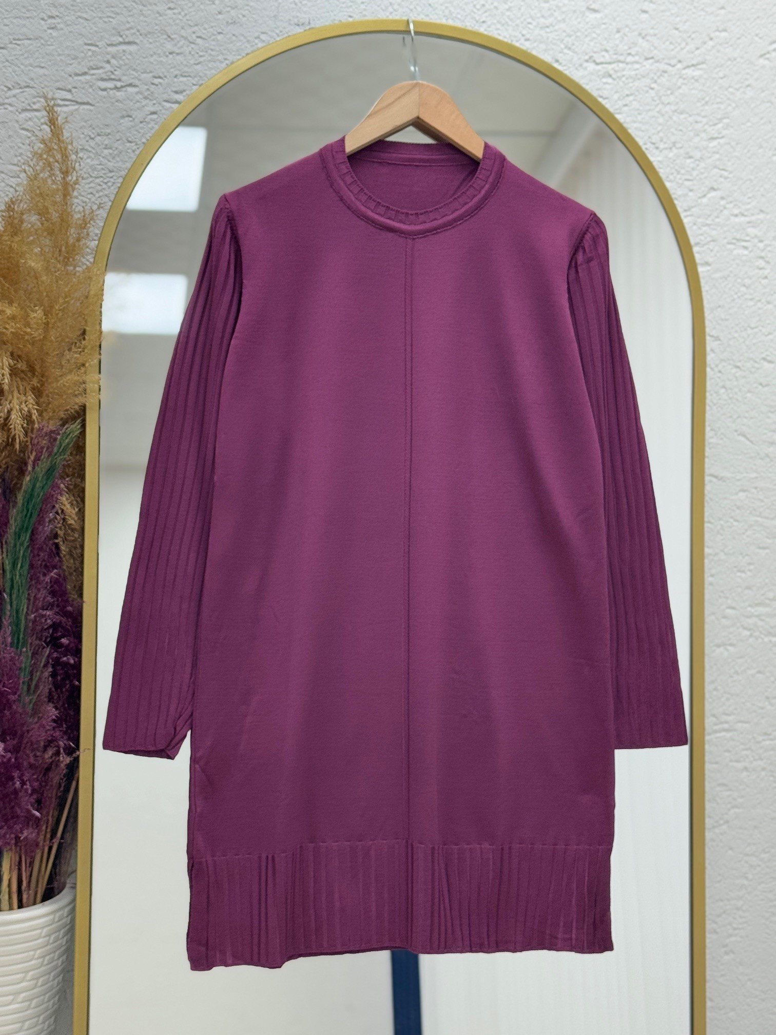 Lamisa Kolu Ve Altı Fitilli Soğuk İp Tunik-SY3191 Mürdüm