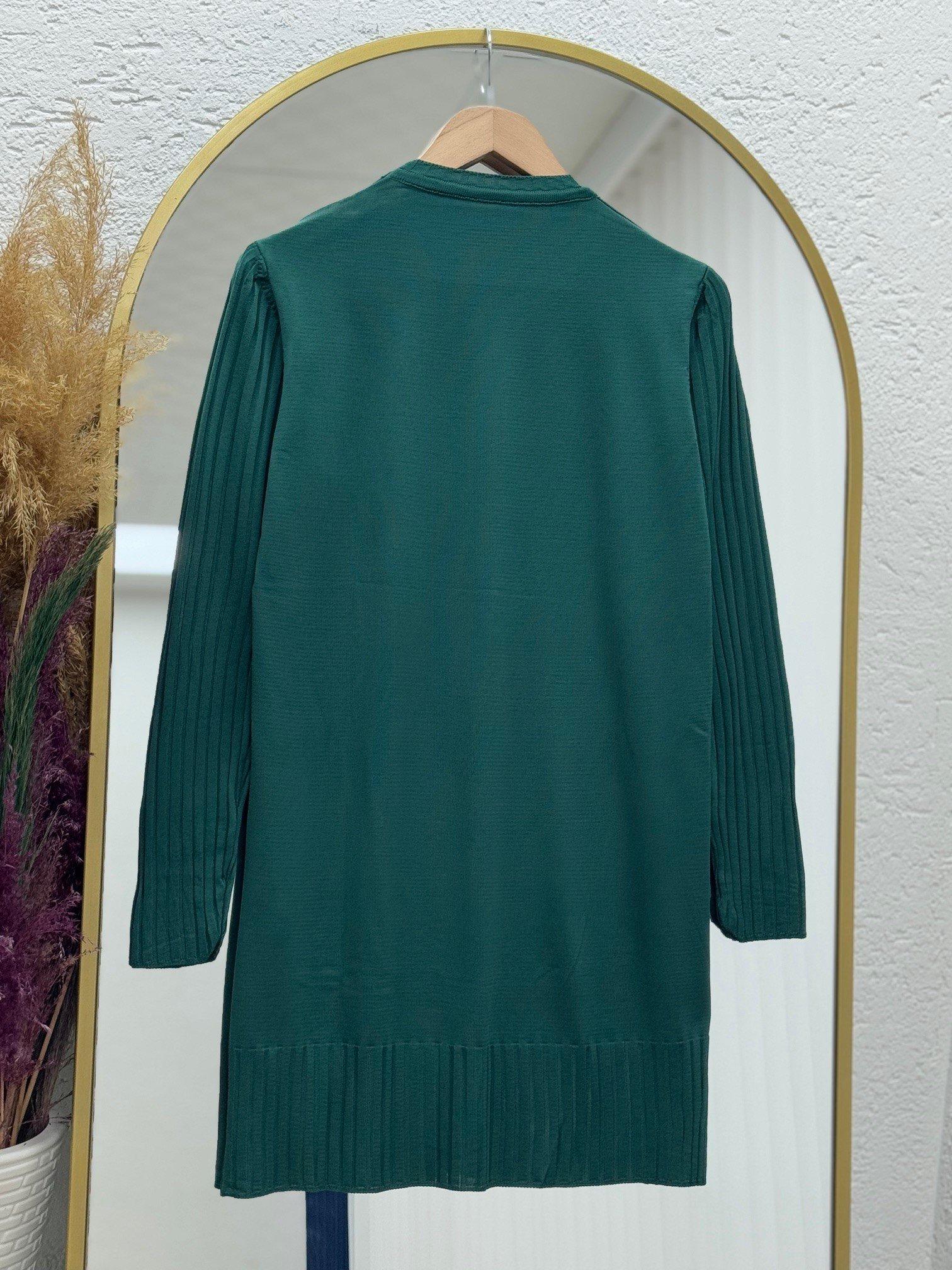 Lamisa Kolu Ve Altı Fitilli Soğuk İp Tunik-SY3191 Zümrüt Yeşili