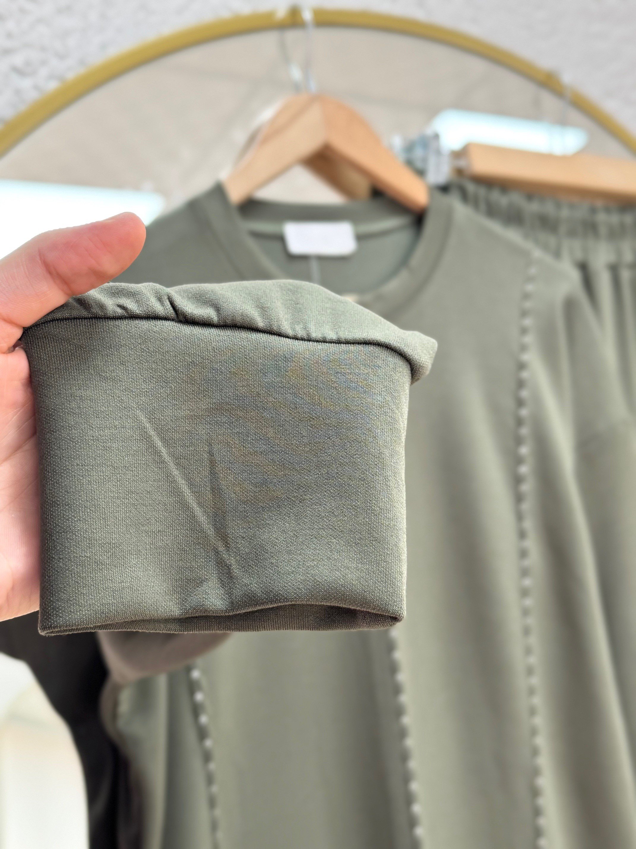 Lamuna Badem Dikiş Detay Pantolonlu Takım-NA3413 Haki