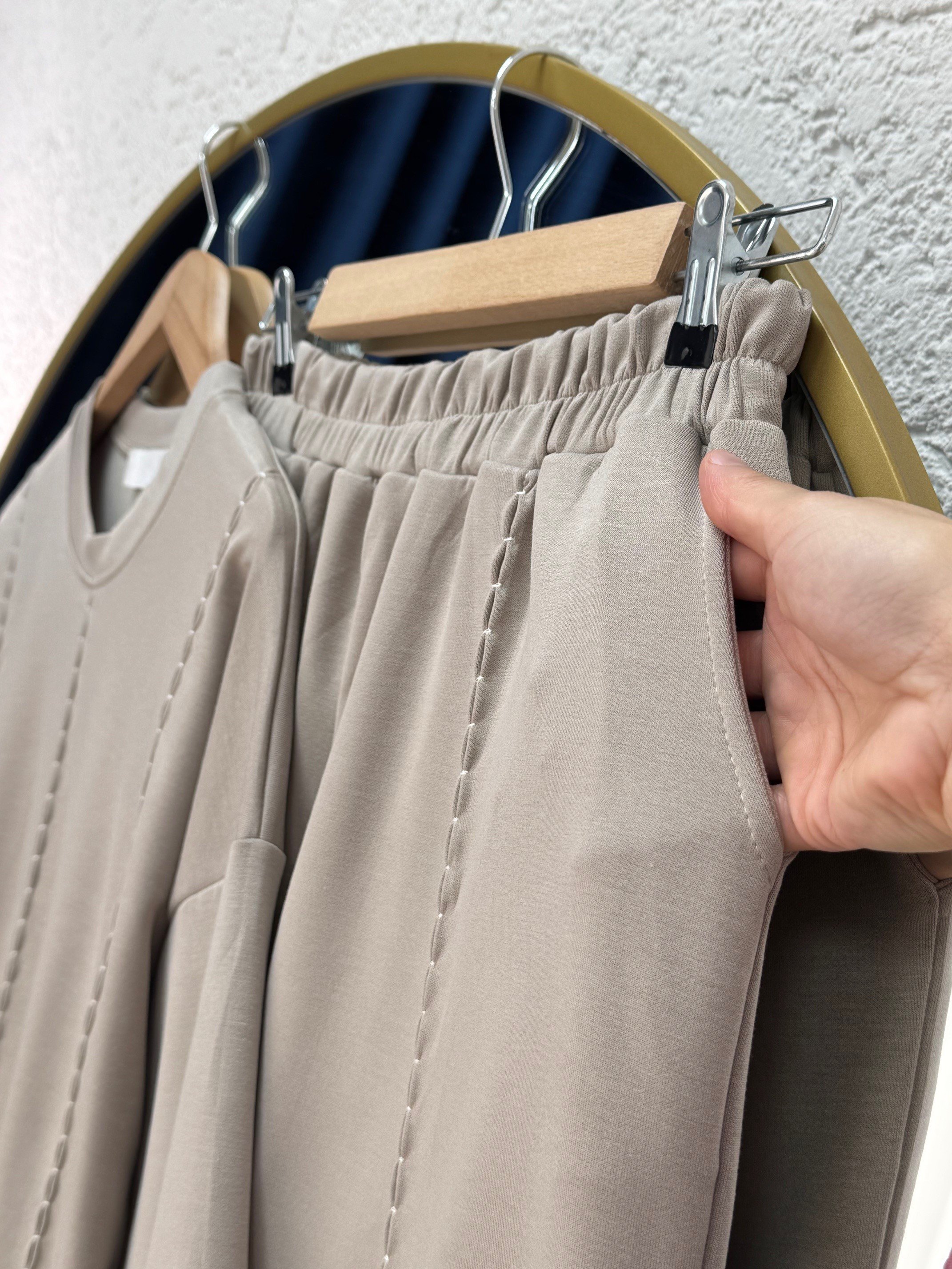 Lamuna Badem Dikiş Detay Pantolonlu Takım-NA3413 Vizon