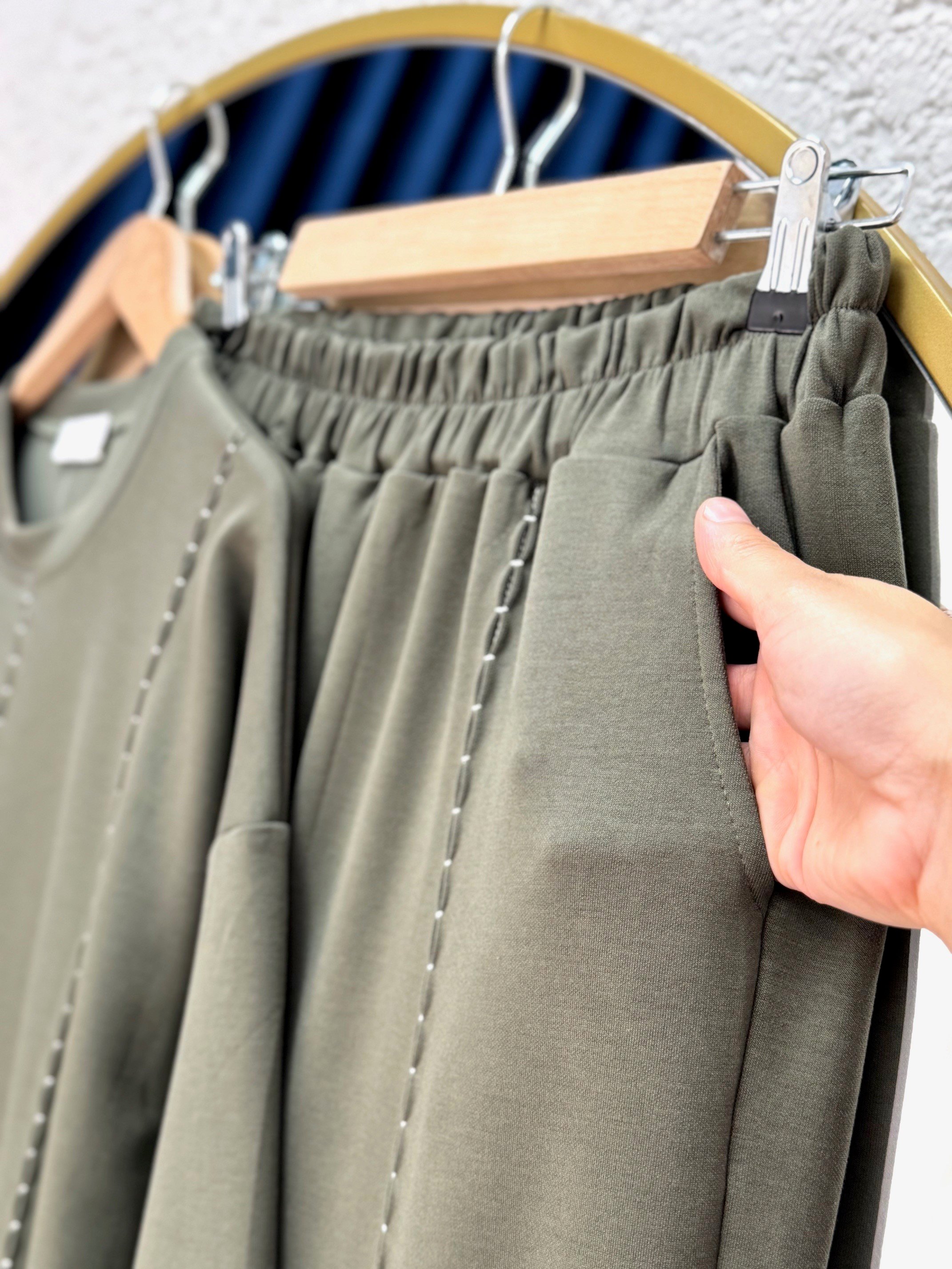 Lamuna Badem Dikiş Detay Pantolonlu Takım-NA3413 Haki