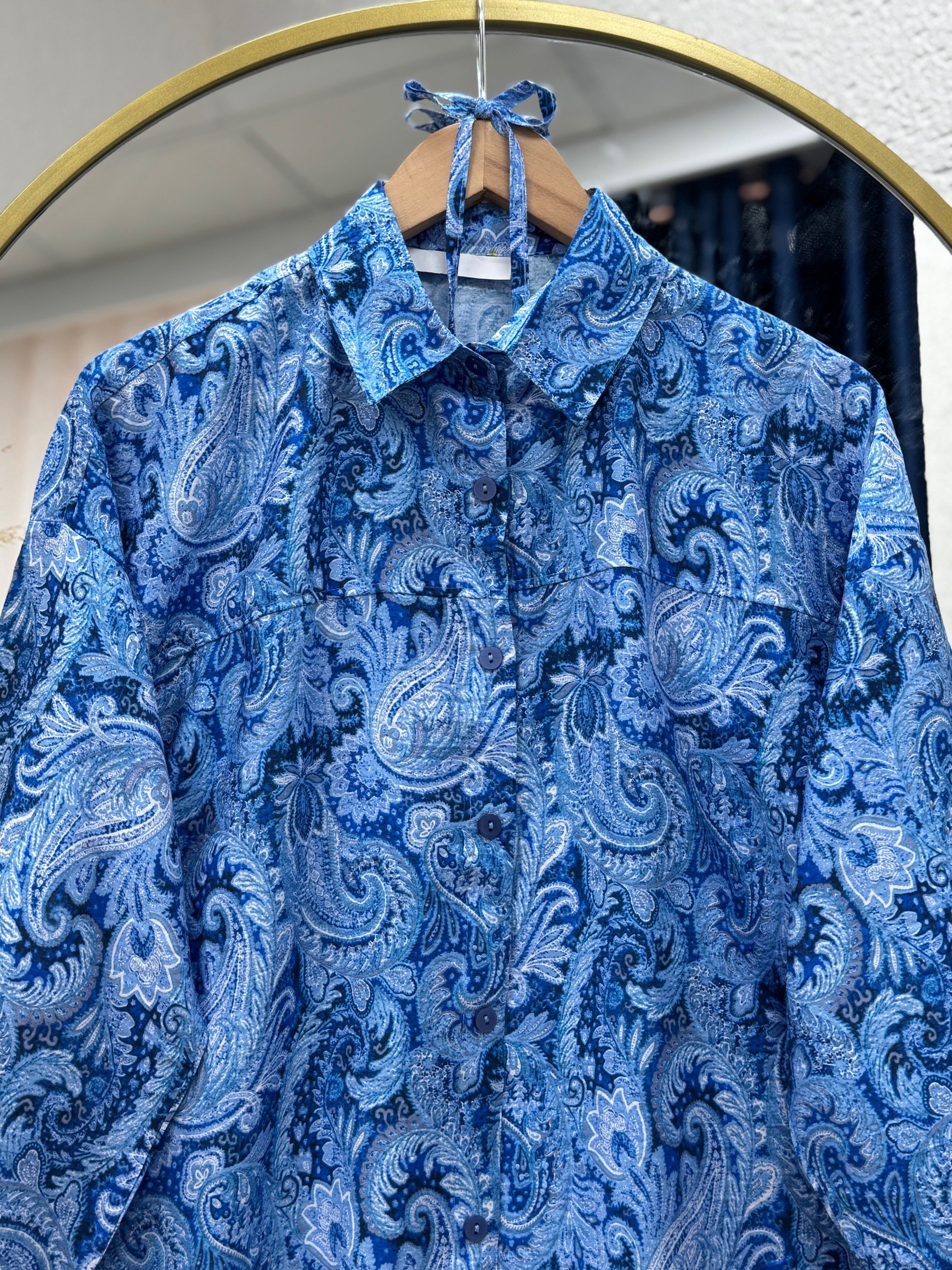 Lamyla Etnik Desen Bağcıklı Kısa Gömlek-PE266 İndigo