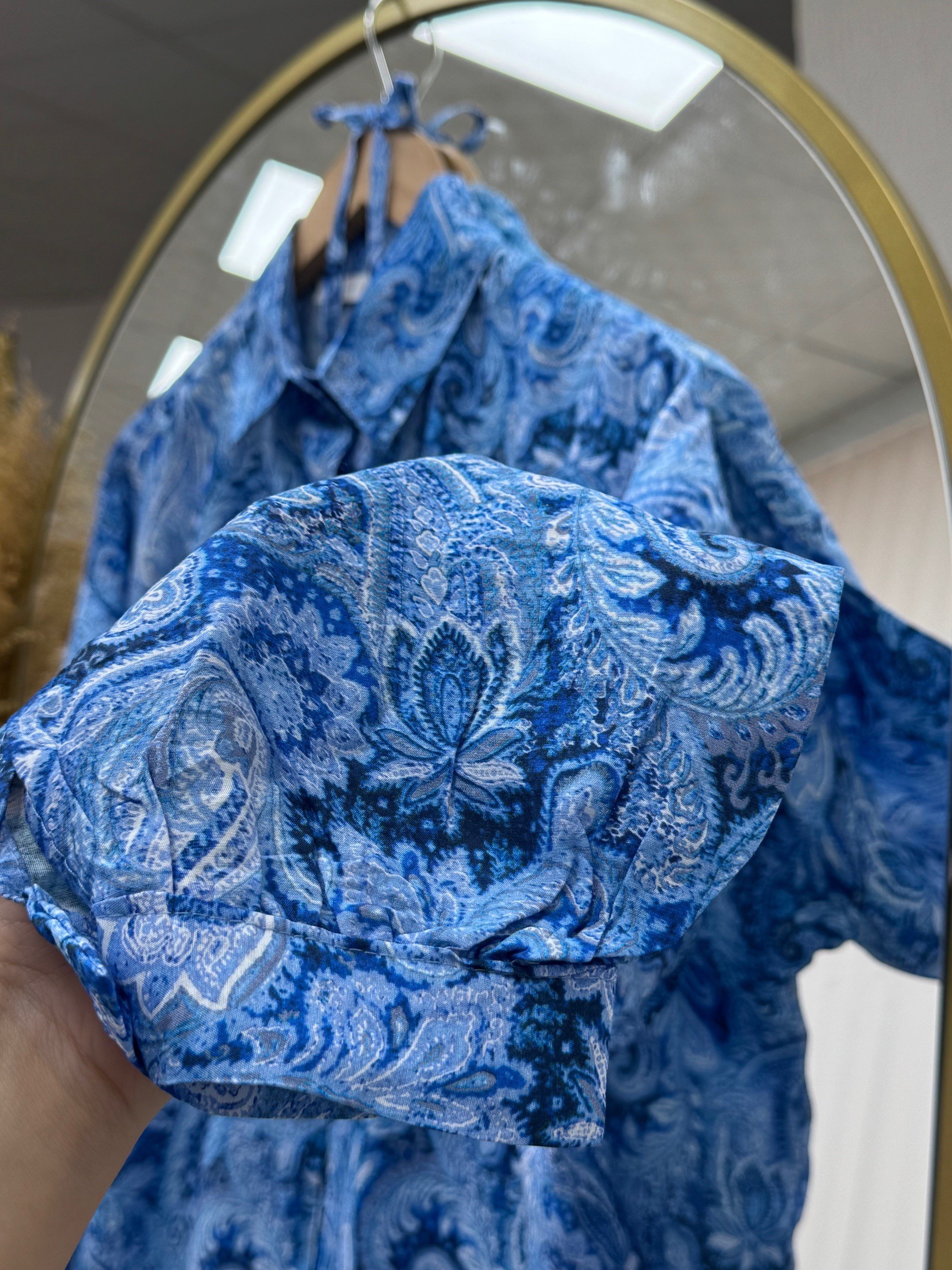 Lamyla Etnik Desen Bağcıklı Kısa Gömlek-PE266 İndigo