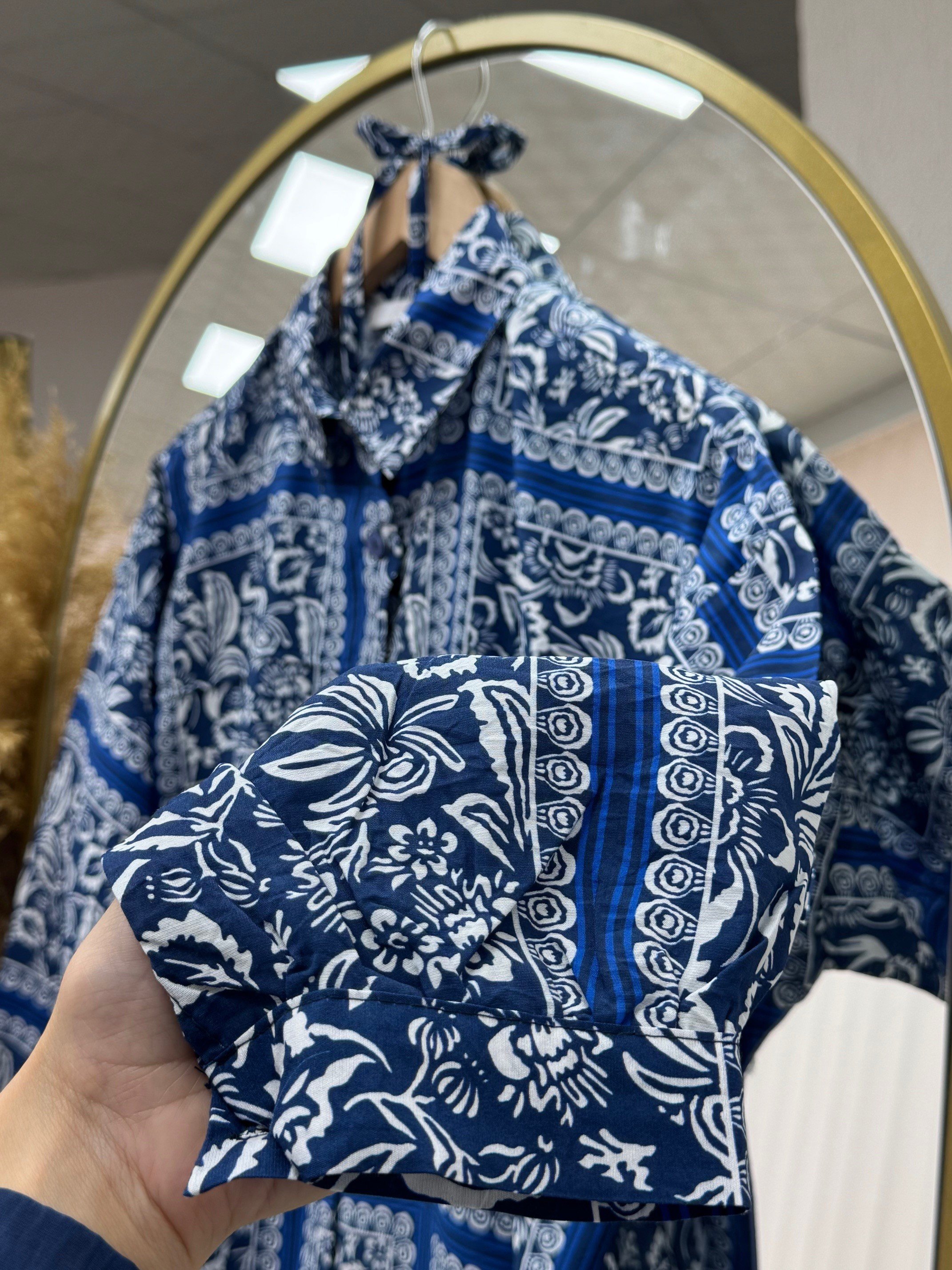 Lamyla Etnik Desen Bağcıklı Kısa Gömlek-PE266 Lacivert