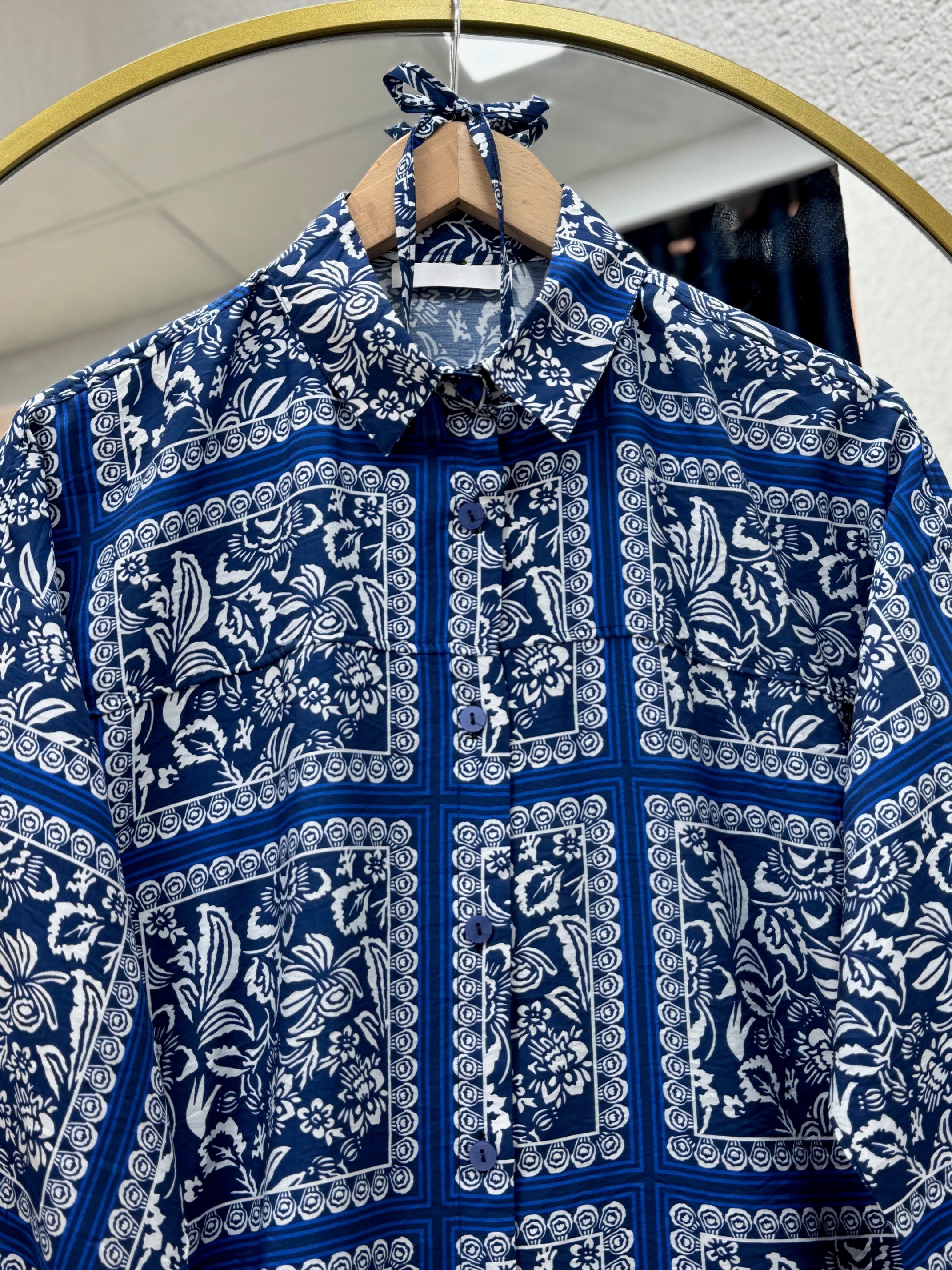 Lamyla Etnik Desen Bağcıklı Kısa Gömlek-PE266 Lacivert