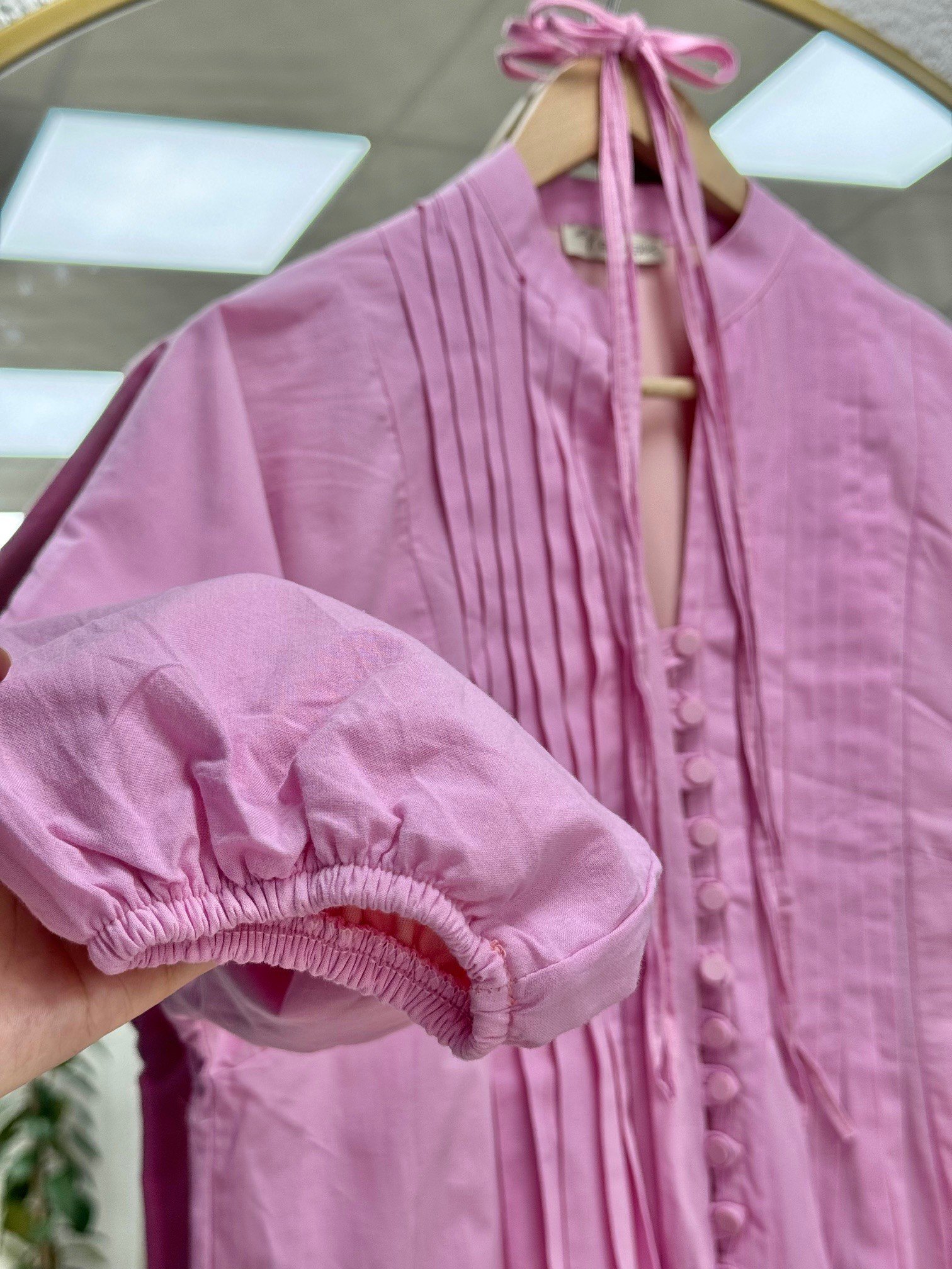 Loryla Önü Nervürlü Biyeli Vual Elbise-EK606.1 Pembe