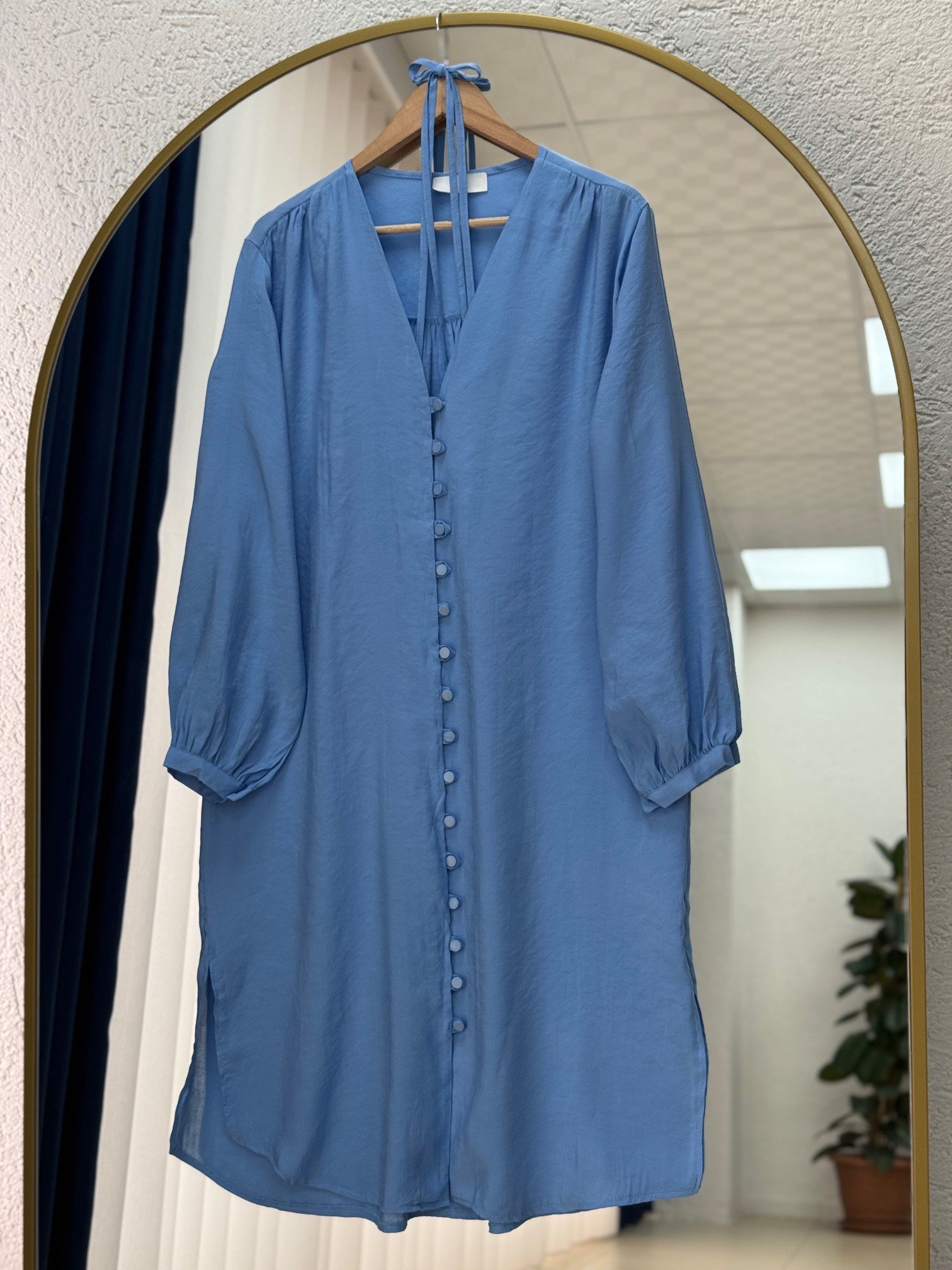 Lunana Önü Düğmeli Biyeli Modal Cupra Uzun Tunik-EK612 Mavi