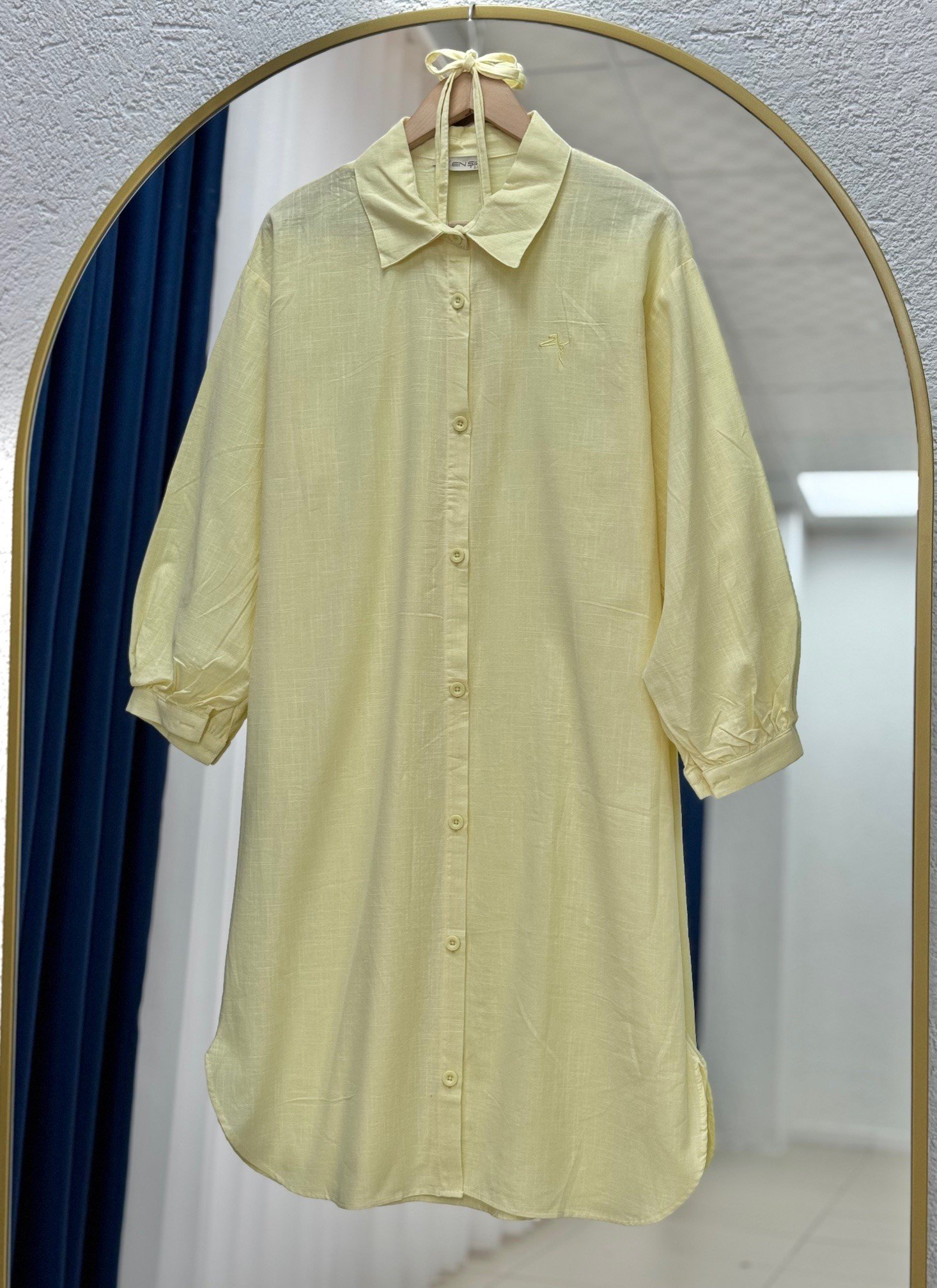 Lunara Bilek Büzgülü Nakışlı Keten Tunik-EK141.19 Sarı