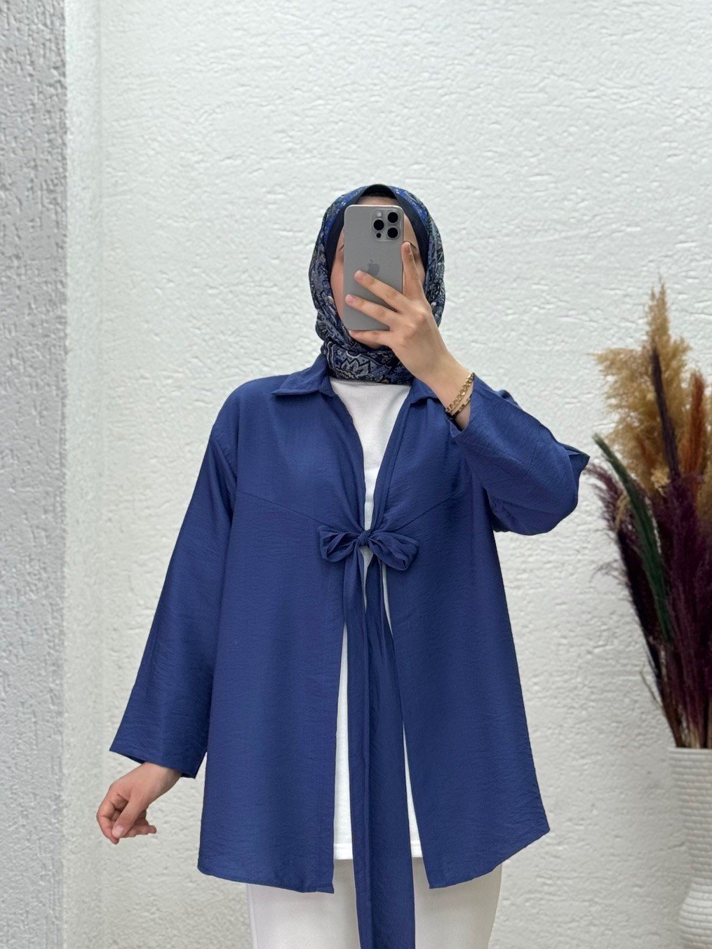 Marera Ön Bağlamalı Yaka Detay Modal Kimono-ZN1707 Lacivert