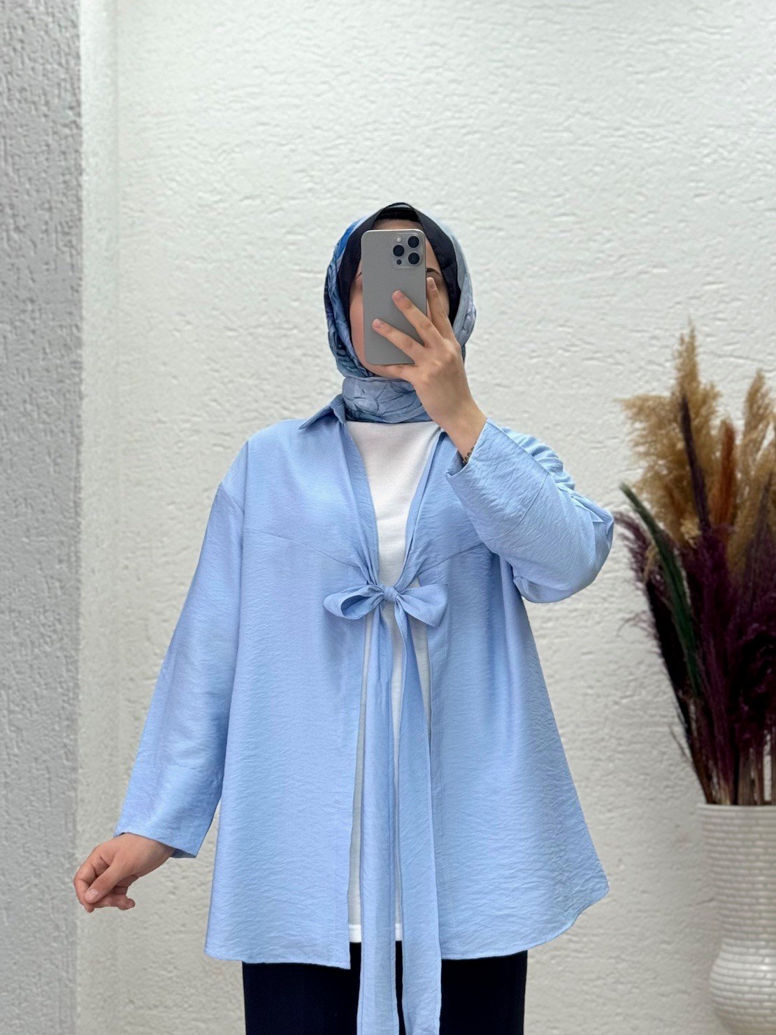 Marera Ön Bağlamalı Yaka Detay Modal Kimono-ZN1707 Mavi