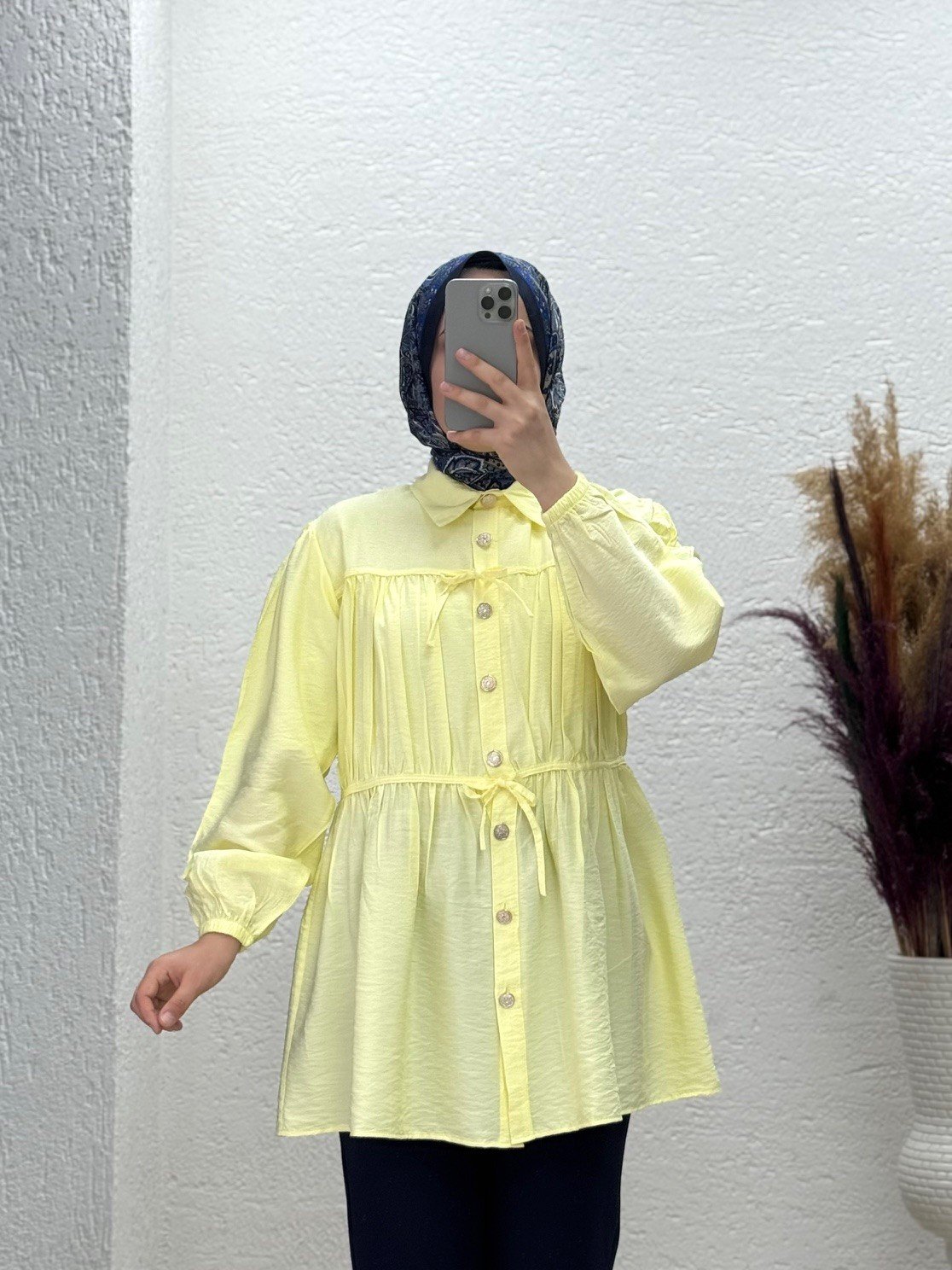 Maresia Katkatlı Biyeli Bağlamalı Gömlek-ZN7802 Sarı