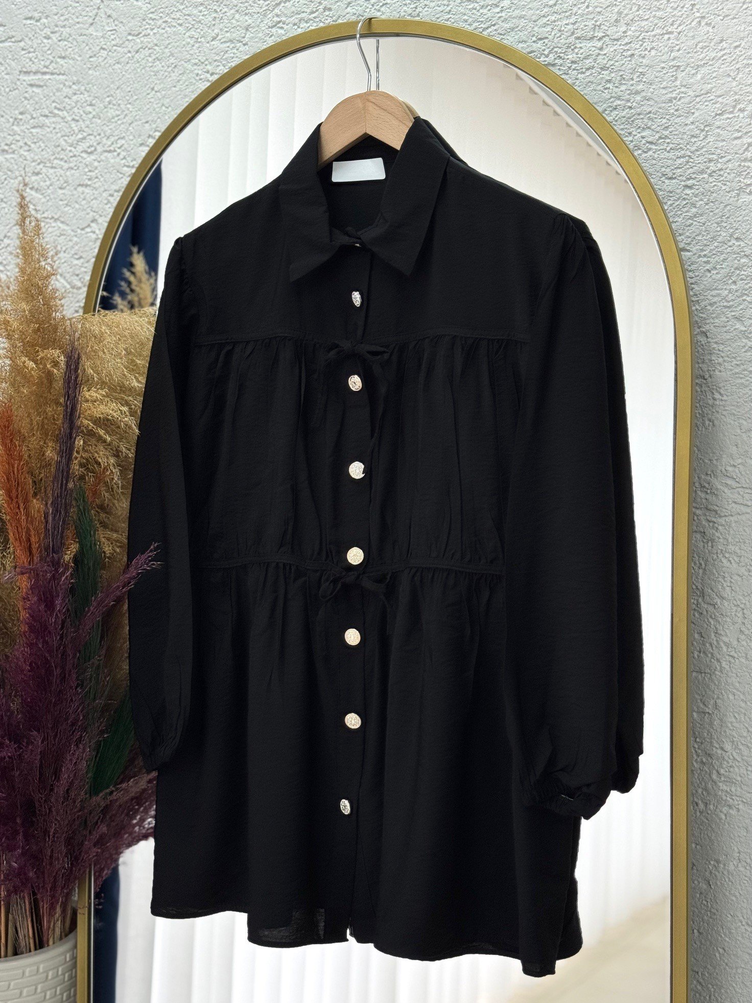 Maresia Katkatlı Biyeli Bağlamalı Gömlek-ZN7802 Siyah