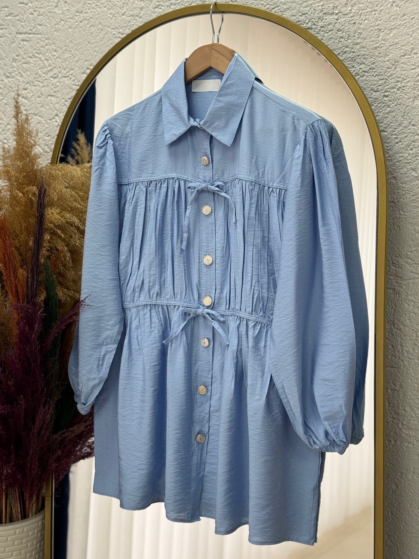 Maresia Katkatlı Biyeli Bağlamalı Gömlek-ZN7802 Mavi