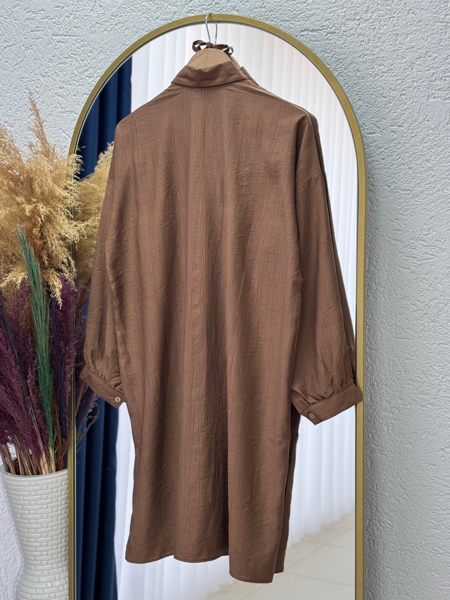 Marira Büzgülü Bağcıklı Uzun Çilek Gömlek-PE262 Kahve