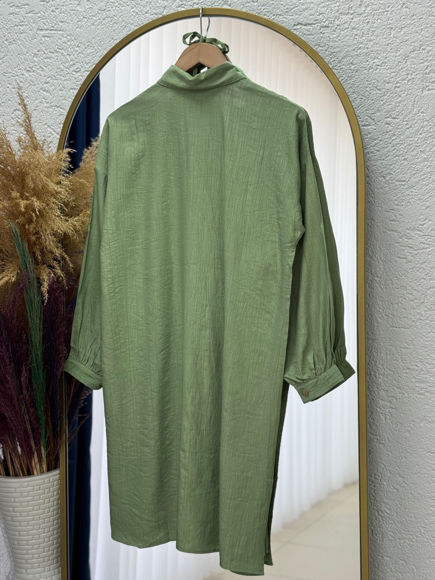 Marira Büzgülü Bağcıklı Uzun Çilek Gömlek-PE262 Yeşil