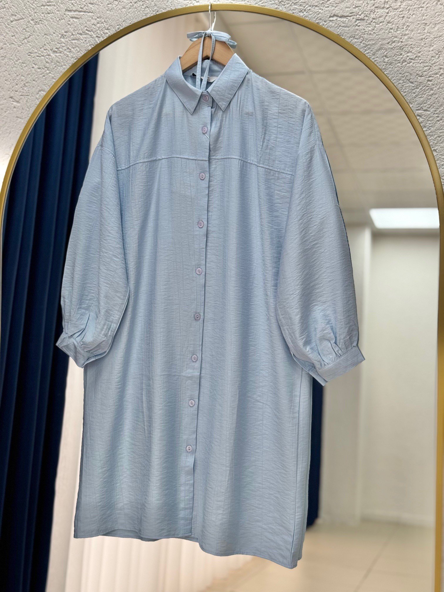 Marira Büzgülü Bağcıklı Uzun Çilek Gömlek-PE262 Bebe Mavisi