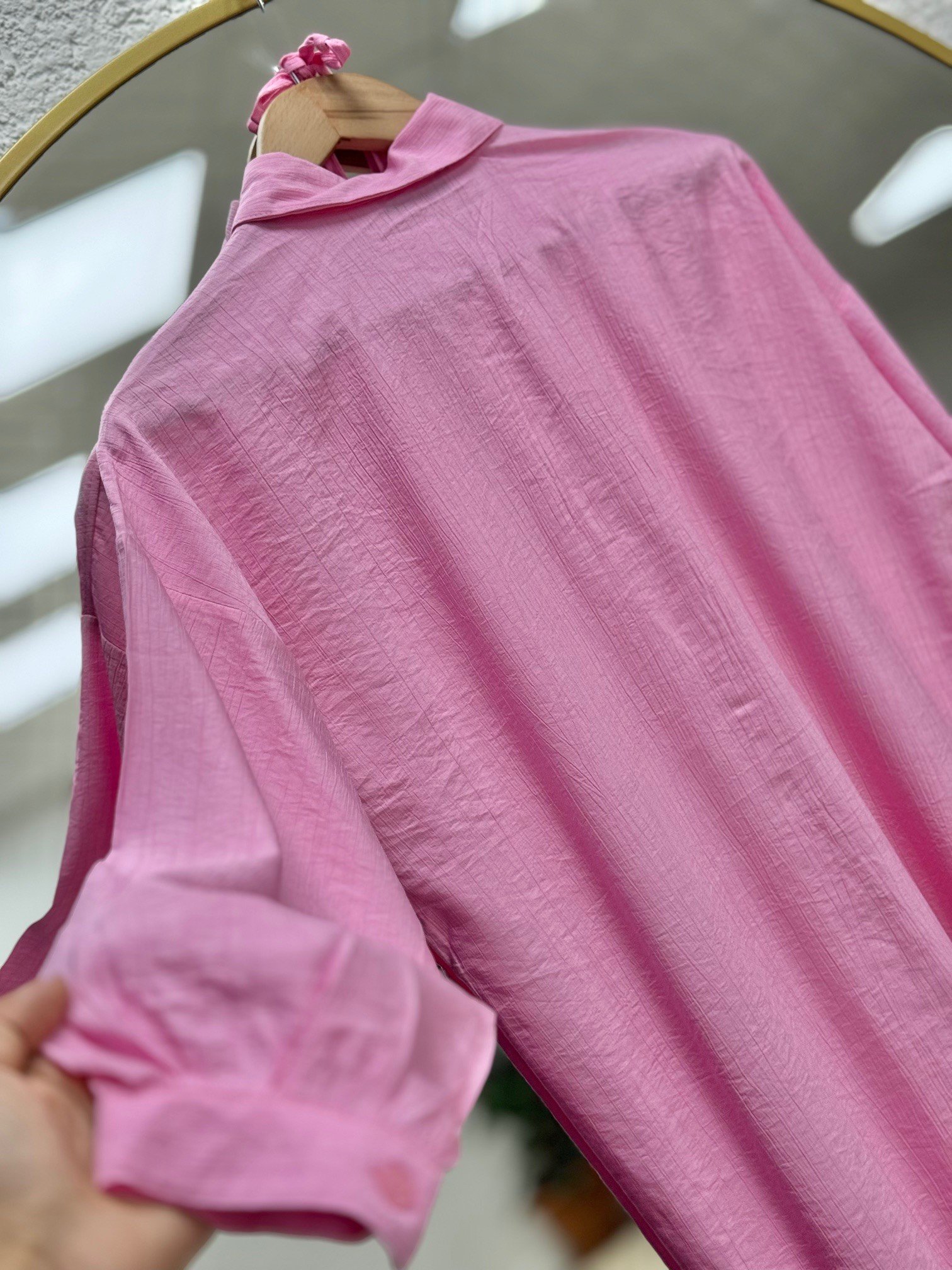 Marira Büzgülü Bağcıklı Uzun Çilek Gömlek-PE262 Pembe