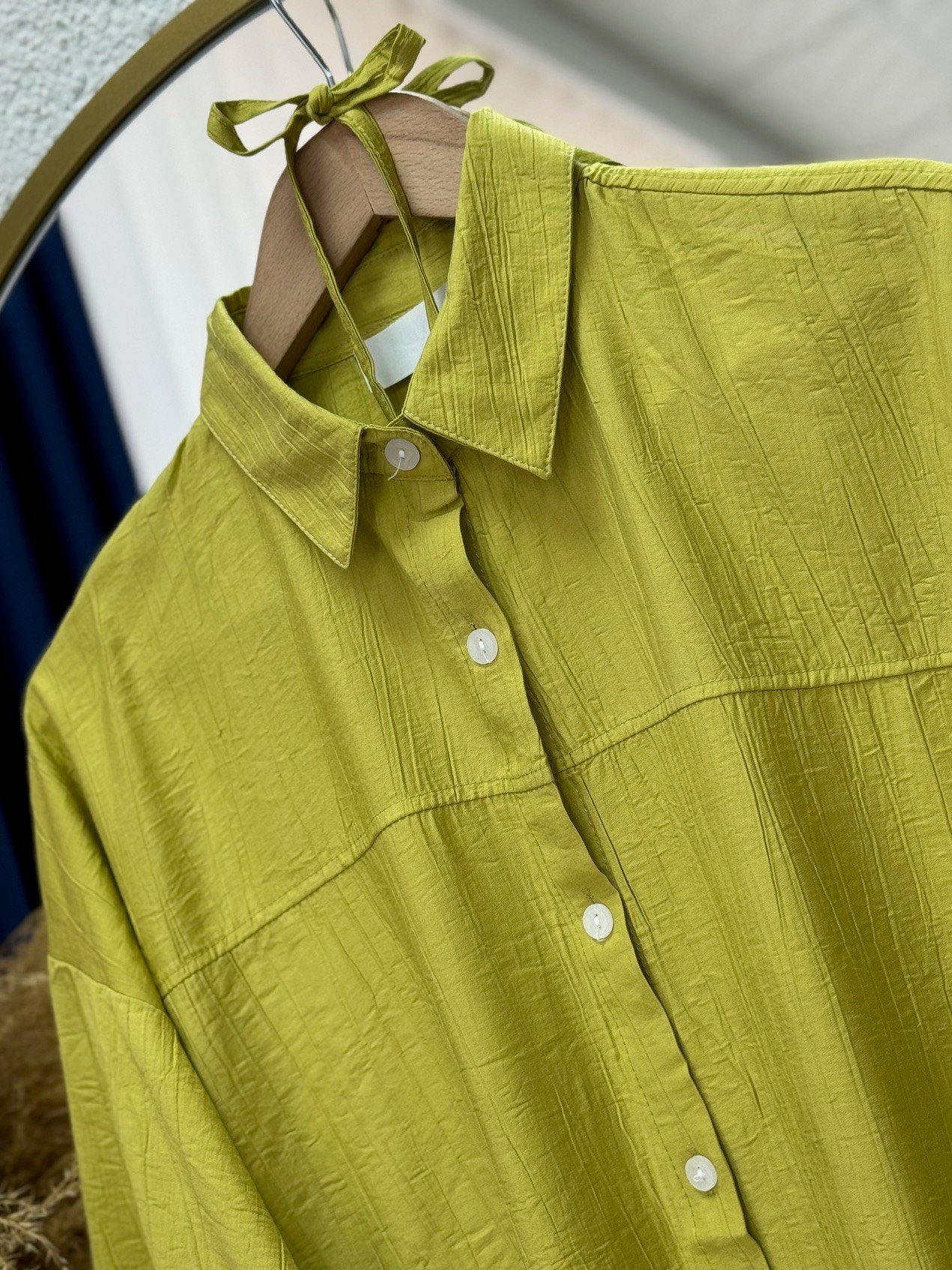 Marira Büzgülü Bağcıklı Uzun Çilek Gömlek-PE262 Yağ Yeşili