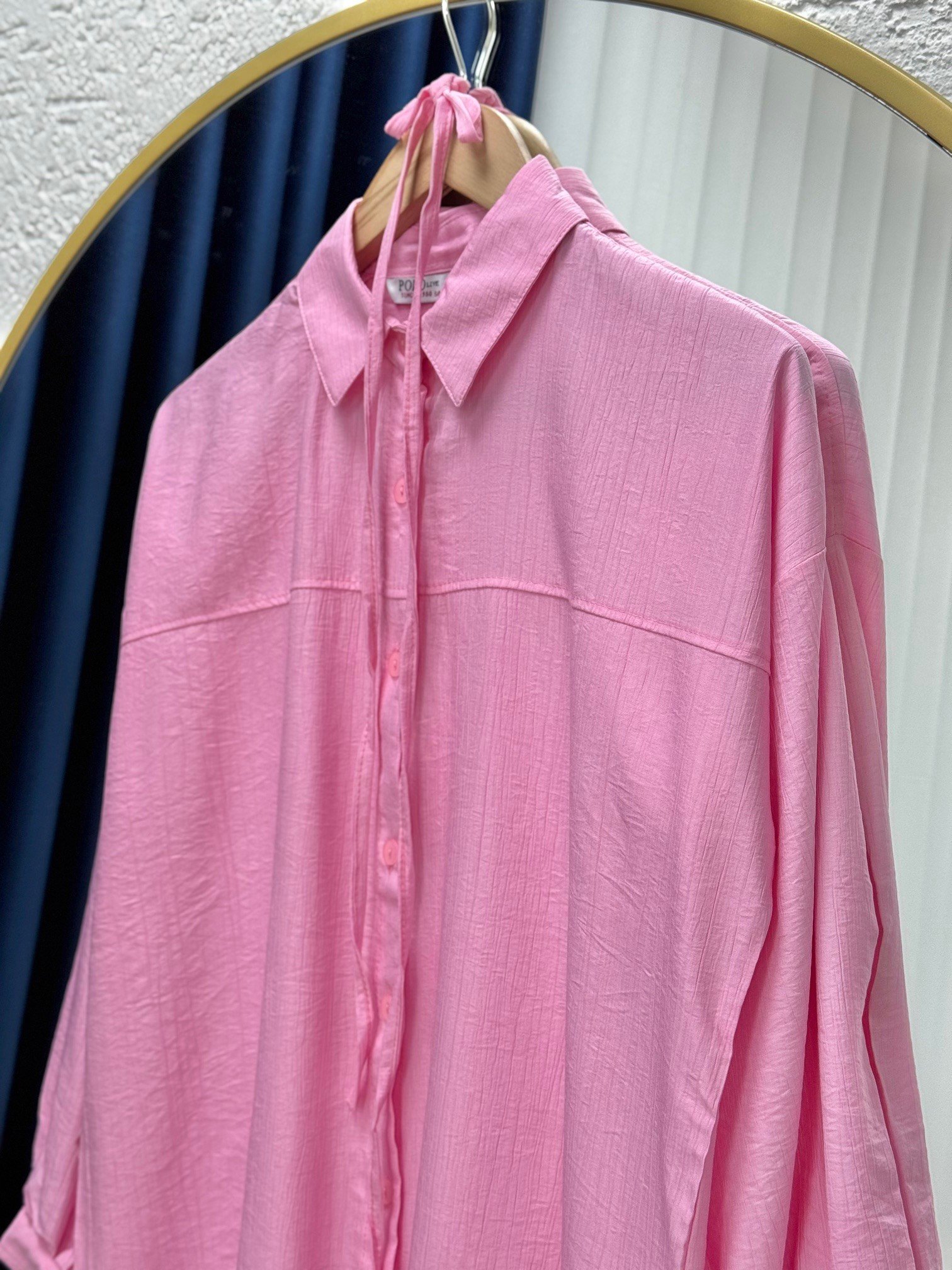 Marira Büzgülü Bağcıklı Uzun Çilek Gömlek-PE262 Pembe